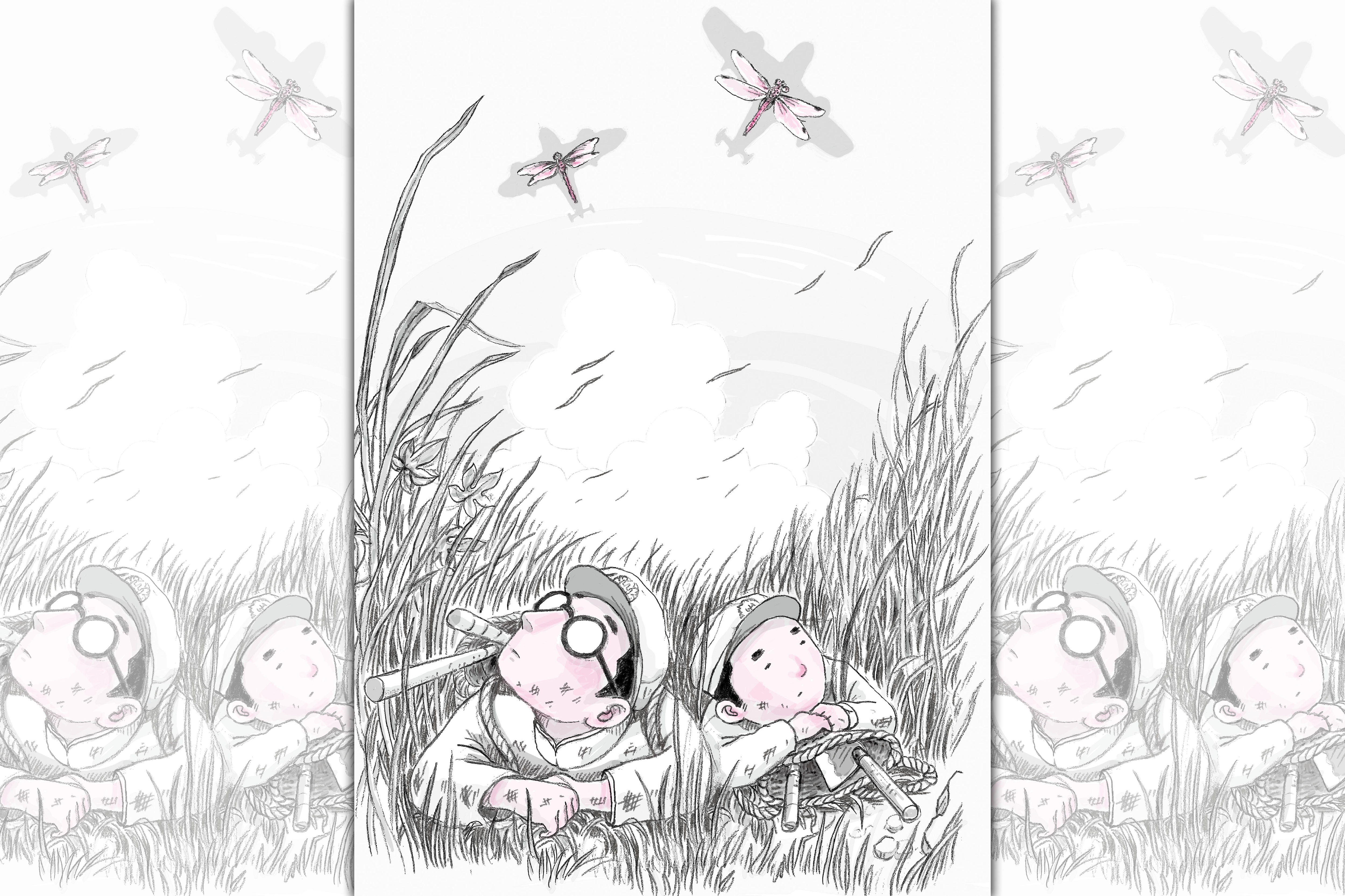 《來自清水的孩子》第1冊以鉛筆手繪及粉紅色調呈現蔡焜霖（左）的年少時光。（慢工文化提供）