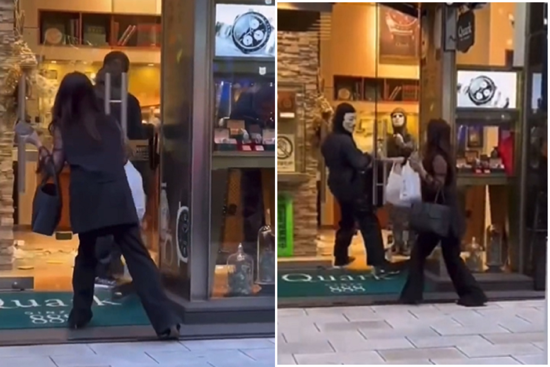 東京銀座爆誇張搶案，熟女淡定「肉搏」讓人大驚！怪客面具搶匪竟是4屁孩。（翻自推特）
