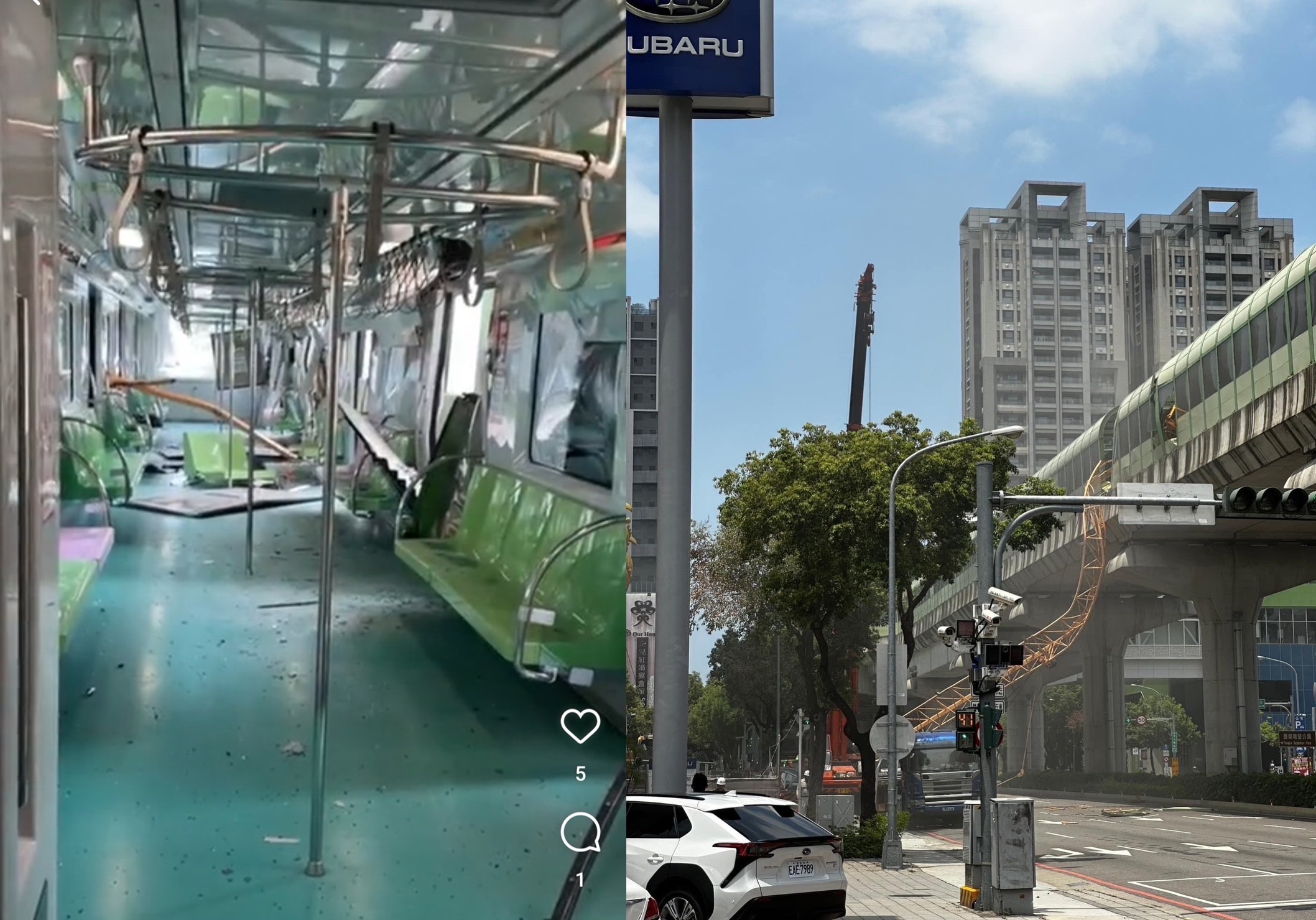 工地疑似吊掛鋼梁不慎，掉落貫穿台中捷運車廂。（翻攝自記者爆料網）