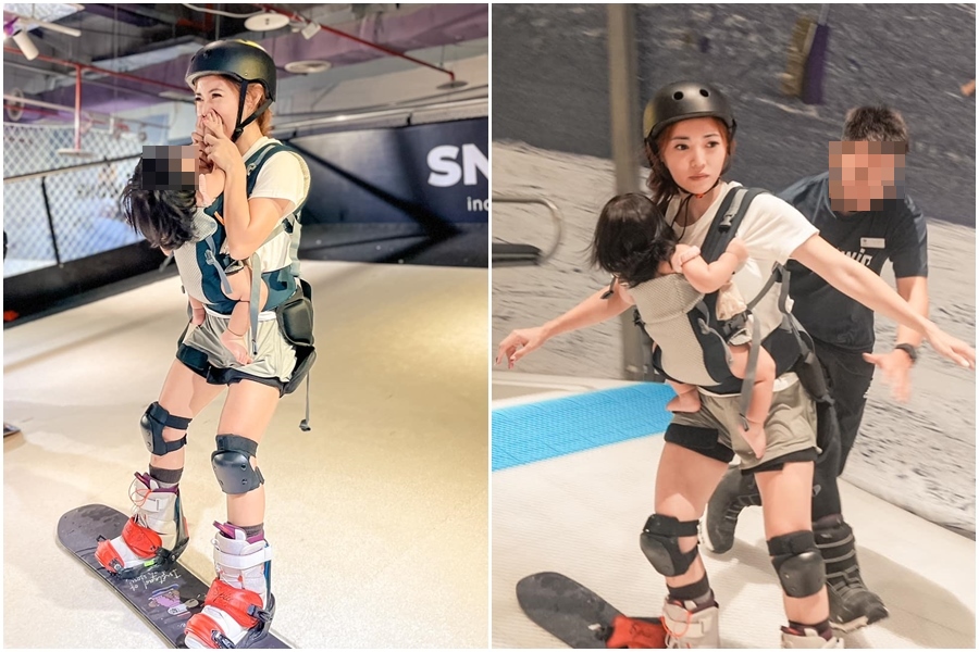 網紅「林叨囝仔」的七寶媽去年11月到某滑雪學校練習，竟把完全沒有護具的老六揹在胸前。（翻攝自林叨囝仔 The Lins' Kids臉書）