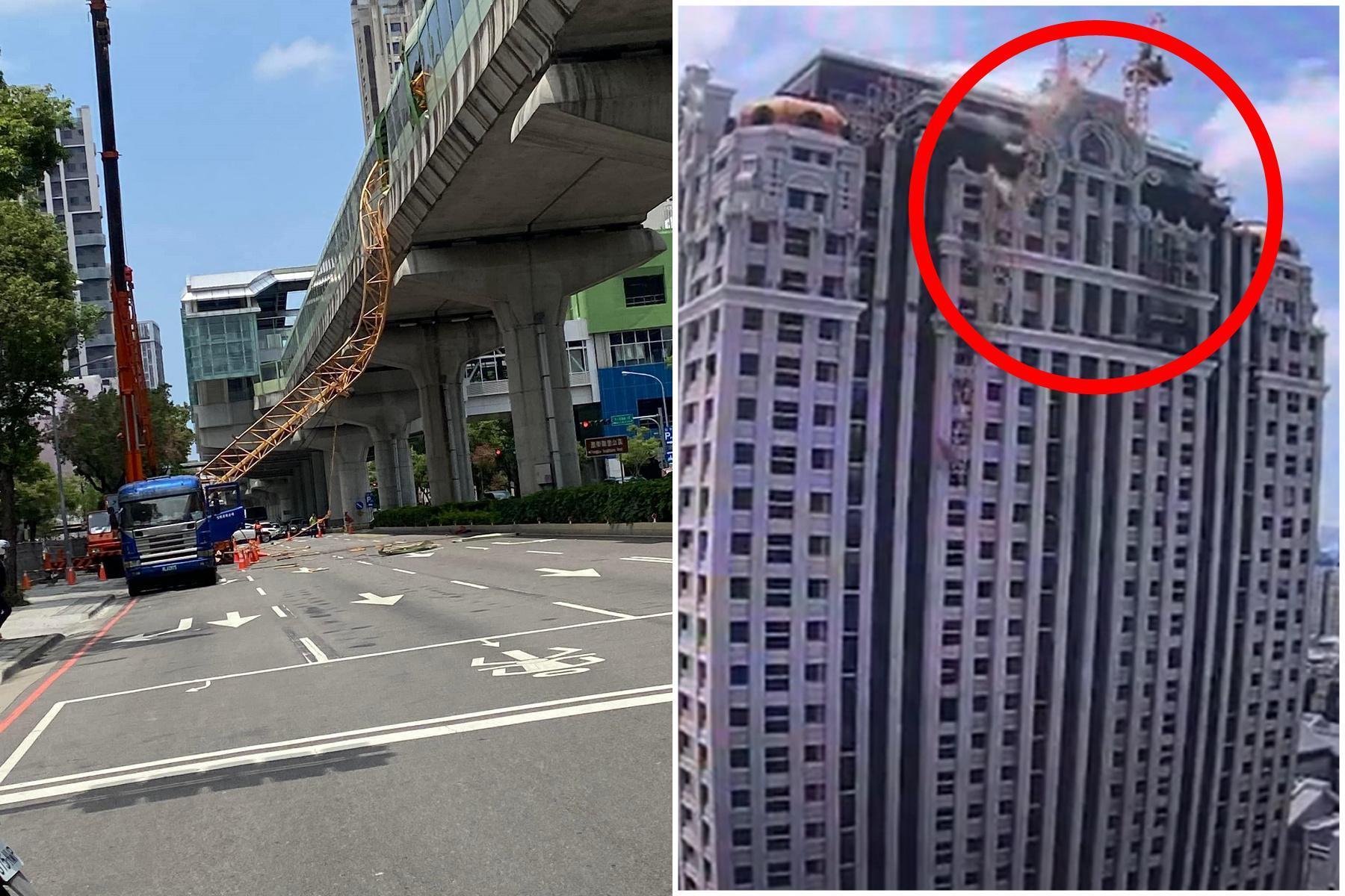 「金火鳥大樓」頂樓吊臂掉落瞬間影片曝光,重力掉落穿插台中捷運。(翻自劉士州議員臉書+記者爆料網)