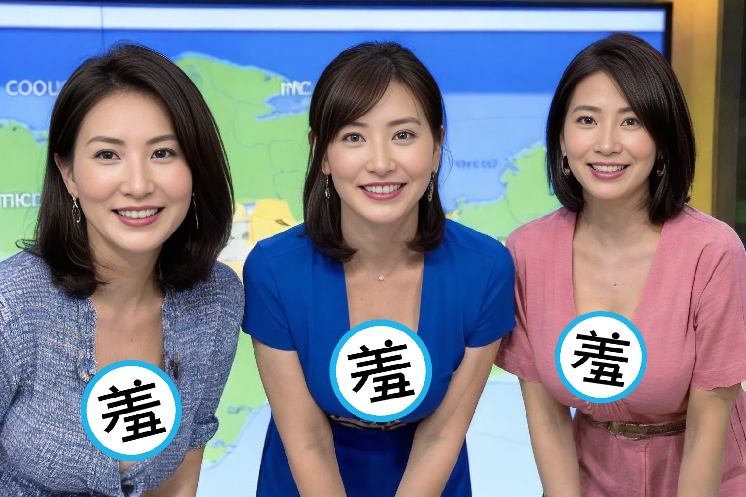 日本3名氣象女主播身材相當姣好，真實身分曝光後令網友驚訝。（翻攝自推特@AIkawa_AIko_jp2）