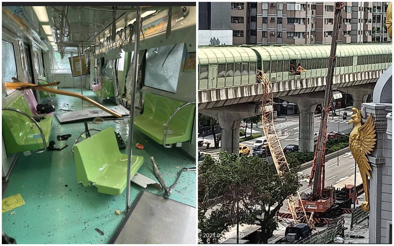 興富發建案吊臂墜落砸向行經中的捷運列車，導致1人死亡、8人受輕重傷的悲劇。（翻攝畫面）