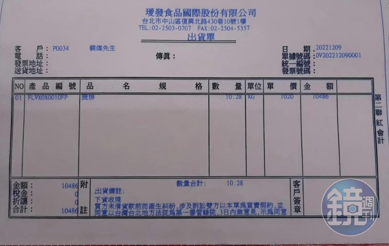 為了說明鹿肉比牛排便宜，找到出貨單，1KG 1,020元。
