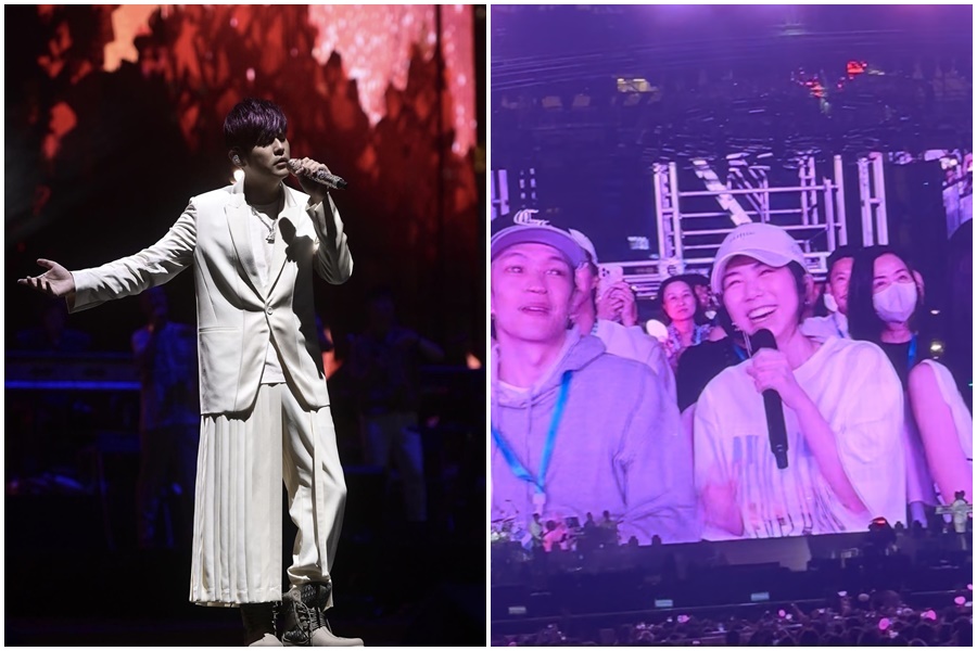 周杰倫在香港舉辦《嘉年華》演唱會，鄧紫棋在台下當粉絲與偶像合唱。（翻攝自周杰倫IG、鄧紫棋微博）