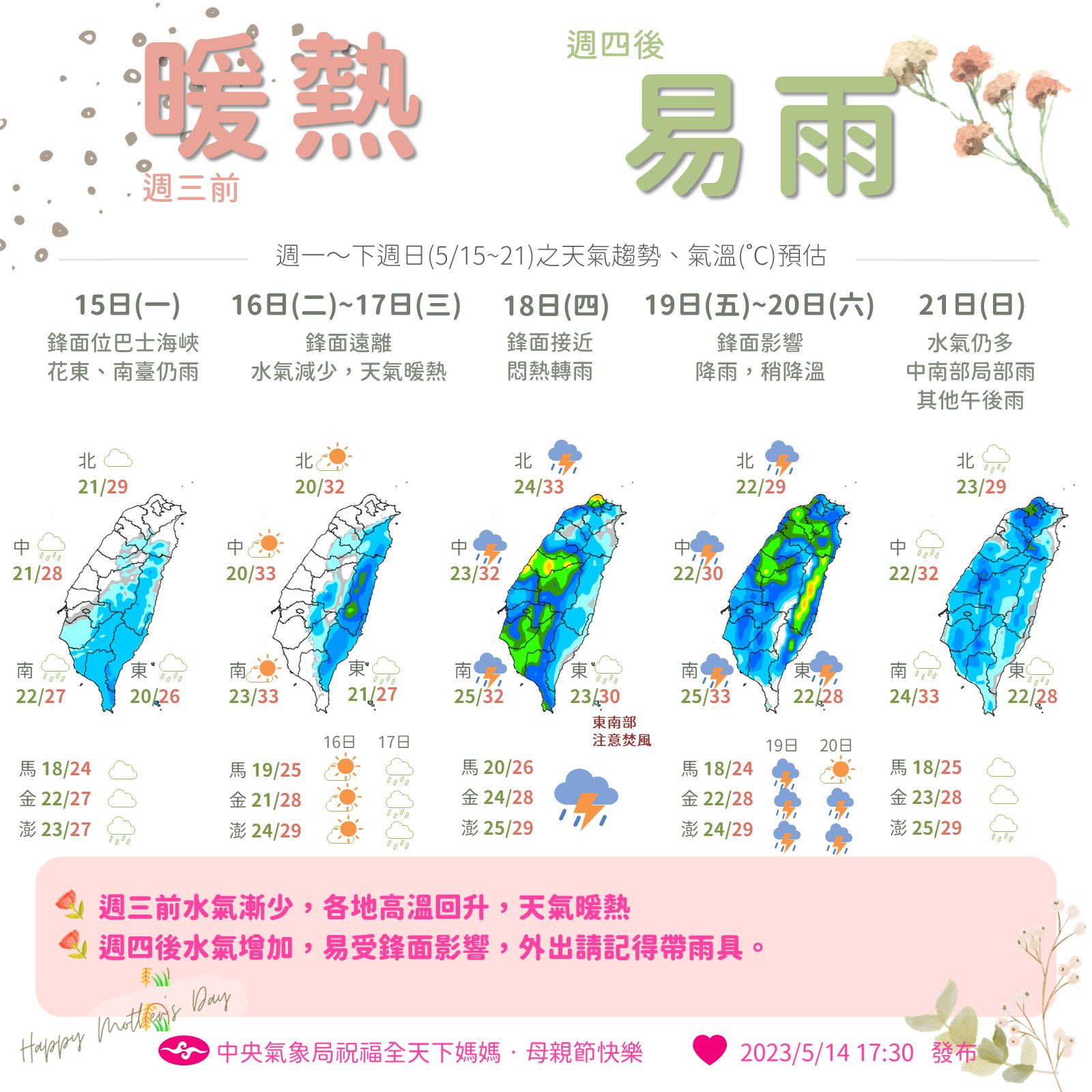 本週天氣變化。（翻攝自報天氣 - 中央氣象局臉書）