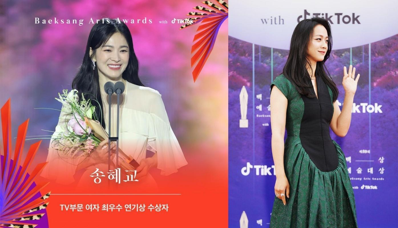 上月宋慧喬則以《黑暗榮耀》奪視后,湯唯奪百想最佳女主角影后。(翻攝自baeksang.official IG、翻攝自TikTok推特)