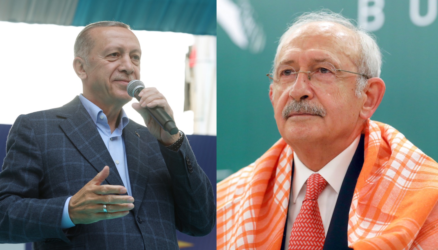 土耳其在14日進行總統大選，競選連任的厄多安（左）以49.39%得票率，領先基里達歐魯（右）。（翻攝自推特）