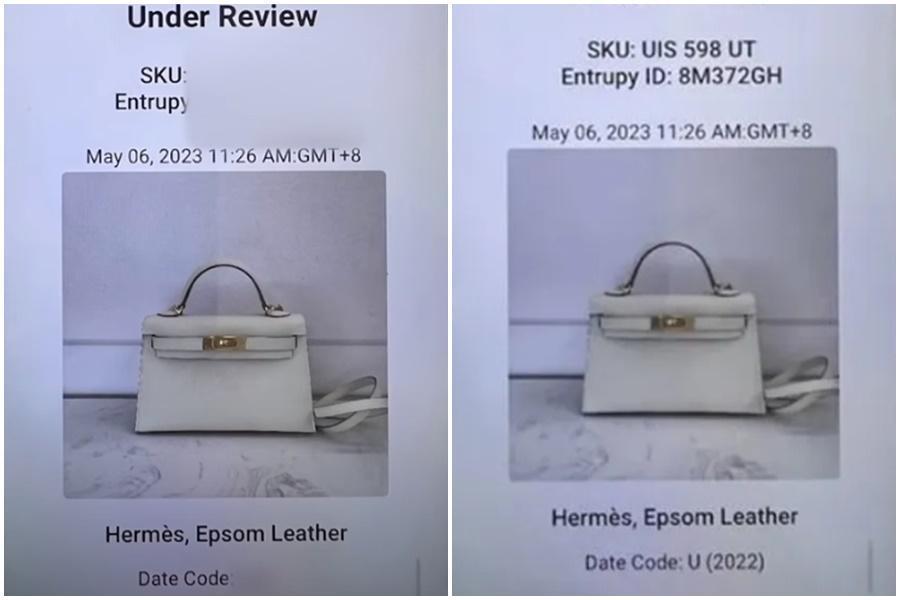 送包檢驗影片中,米白色迷你凱莉包的製造年份等資訊已被馬賽克起來。左後右前。(翻攝自王思佳YT)