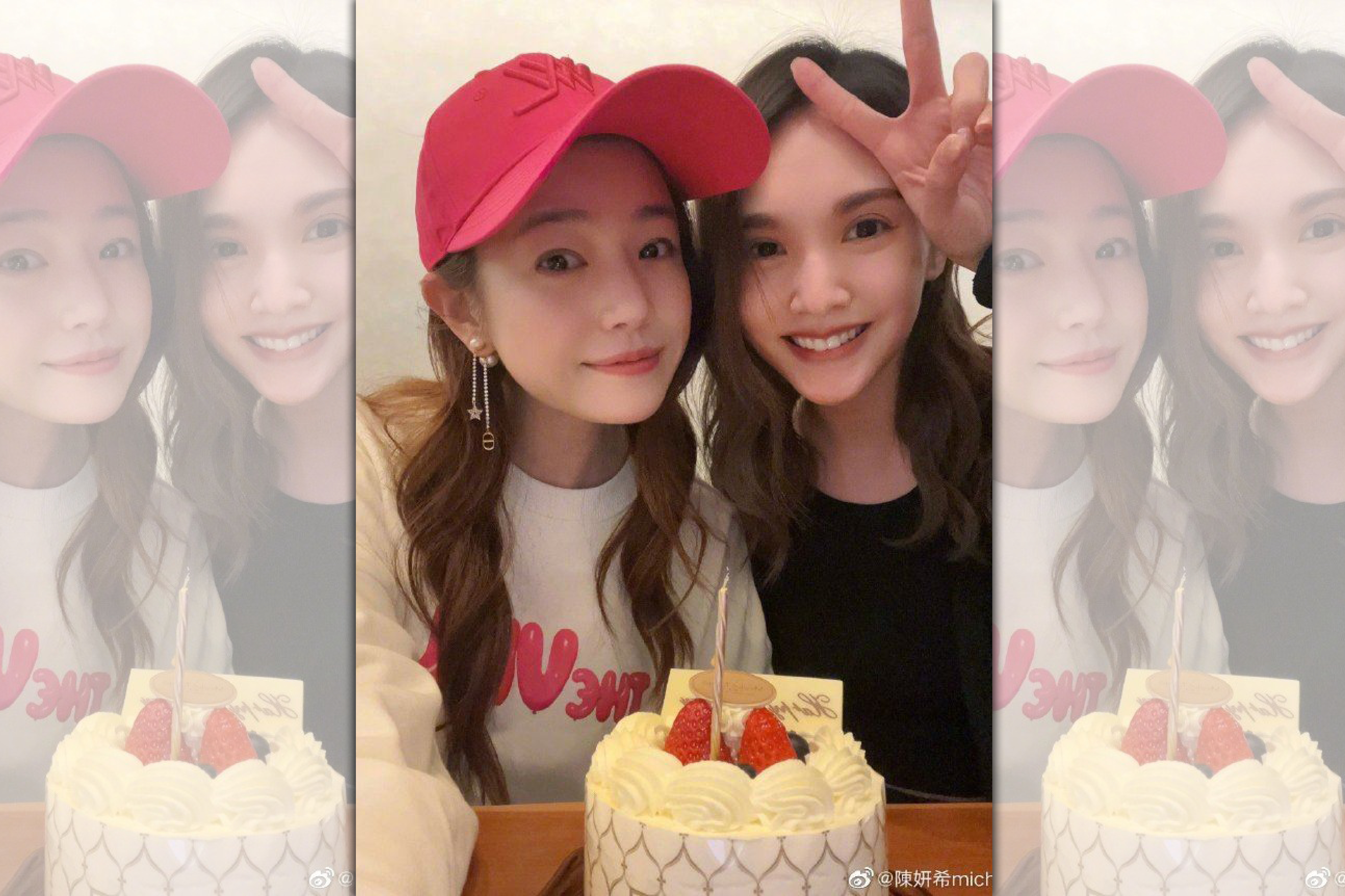 楊丞琳提早為陳妍希慶生，但陳妍希貼的照片疑似修圖手滑，楊丞琳的臉尖得不自然。（翻攝自陳妍希微博）