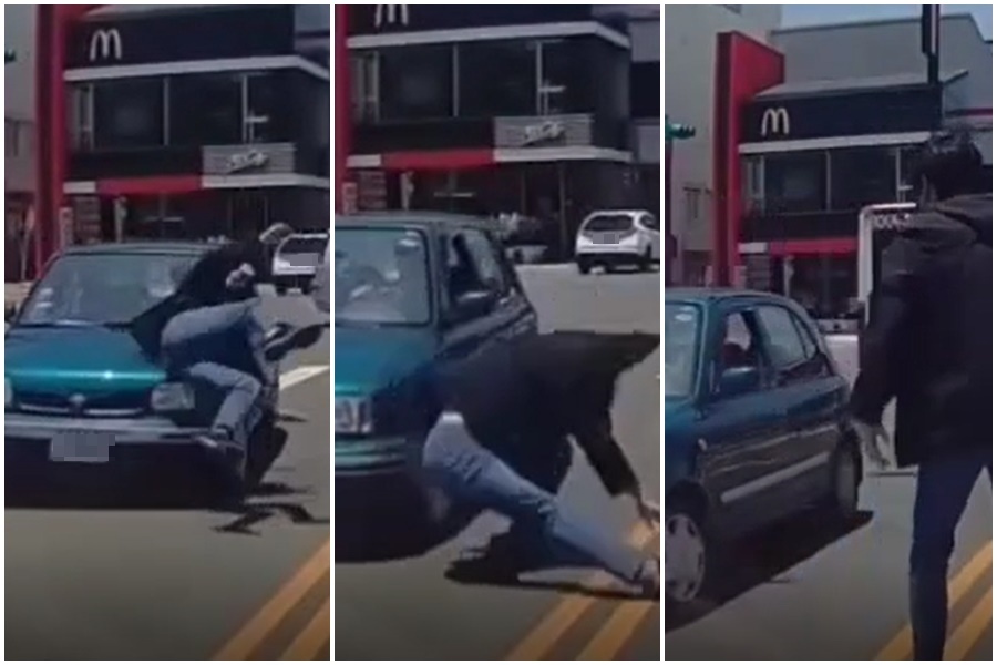 桃園近日也上演行人地獄，一名黑衣男子過馬路遭到右轉小客車撞飛，畫面引起網友討論。（翻攝自爆料公社）