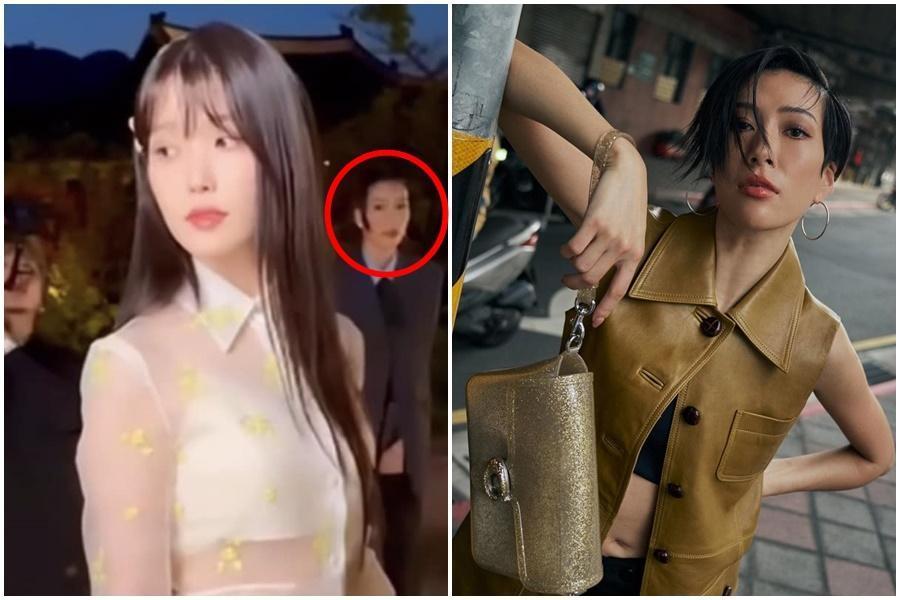 莫莉(右)在南韓GUCCI活動中,疑似尾隨IU(左圖左)想爭取合照機會,竟出手拉住對方。(左圖左)。(左圖翻攝自陳沂臉書,右圖翻攝自莫莉IG)