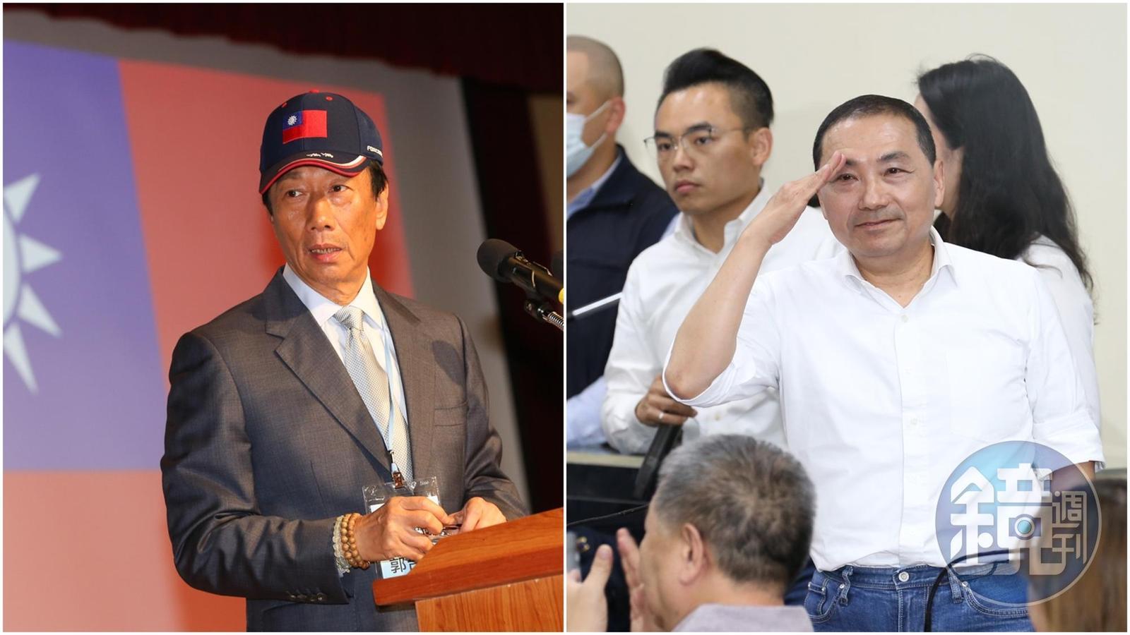 國民黨今正式公布徵召侯友宜（右）出戰2024總統大選，郭台銘（左）發文祝福並聲稱會支持。