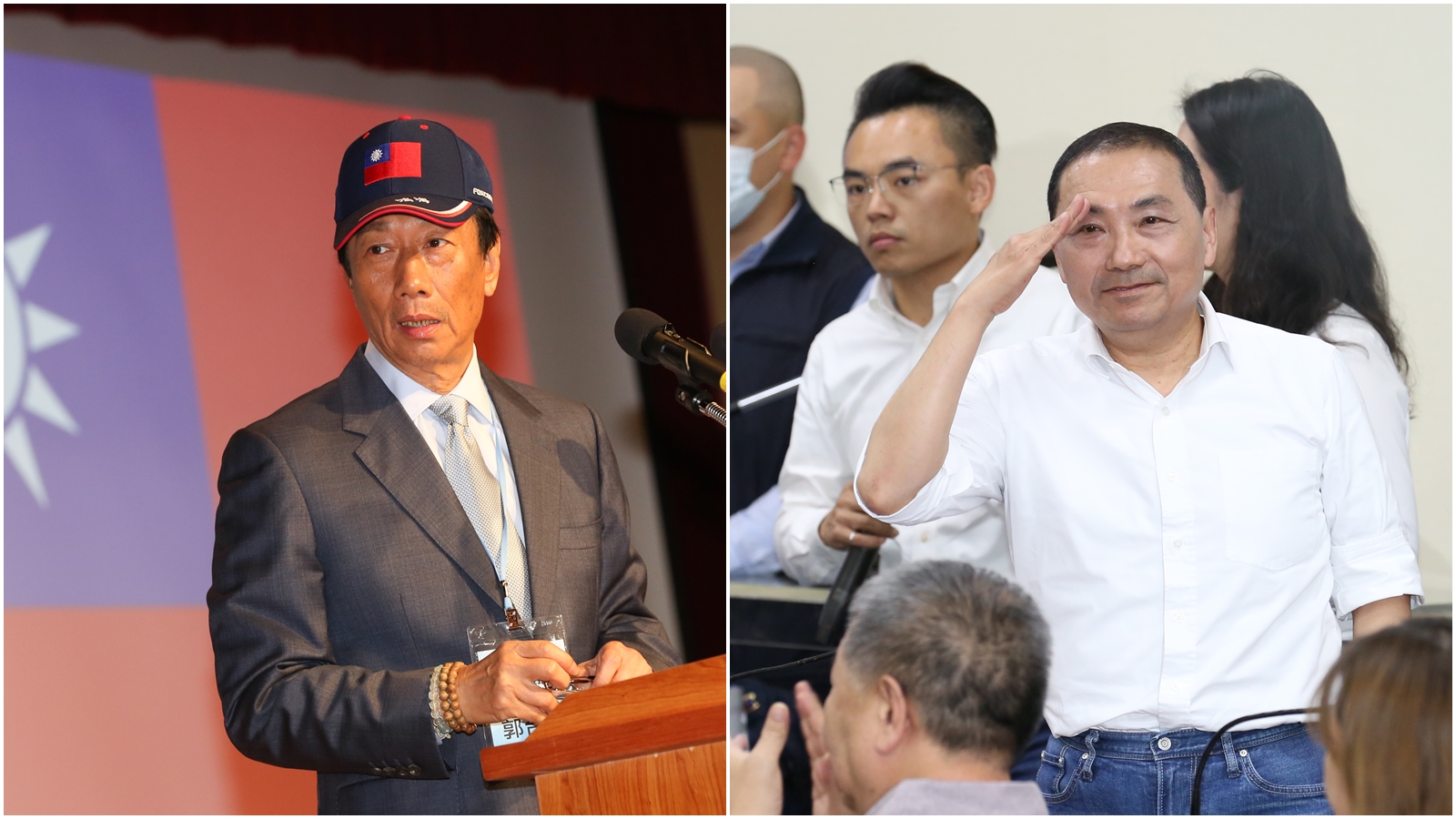 國民黨今正式公布徵召侯友宜（右）出戰2024總統大選，郭台銘（左）發文祝福並聲稱會支持。
