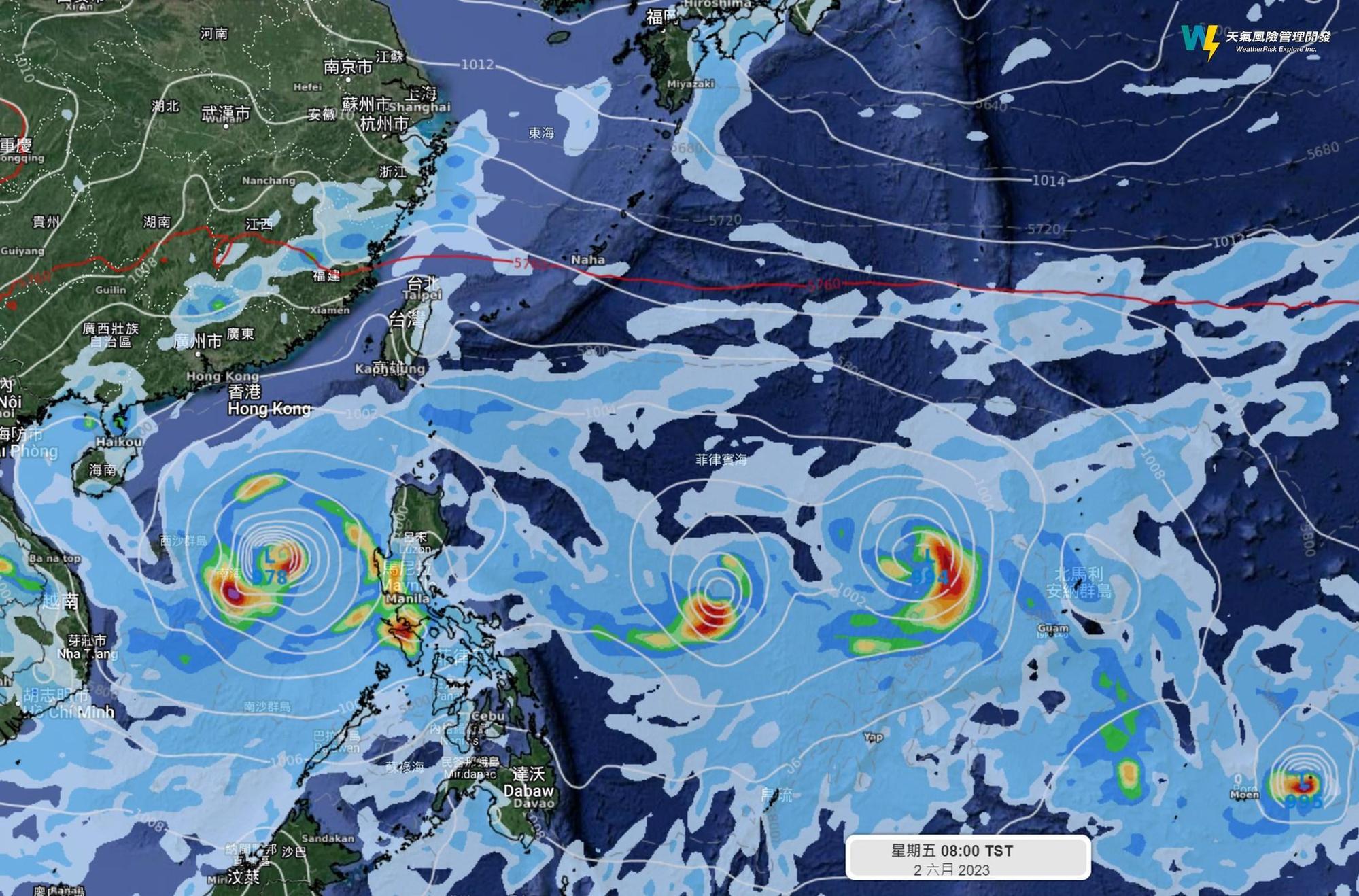 據美國GFS模式模擬顯示,2週後未見梅雨鋒面,反倒是出現3颱齊舞的狀況。(翻攝自臉書@天氣風險 WeatherRisk)
