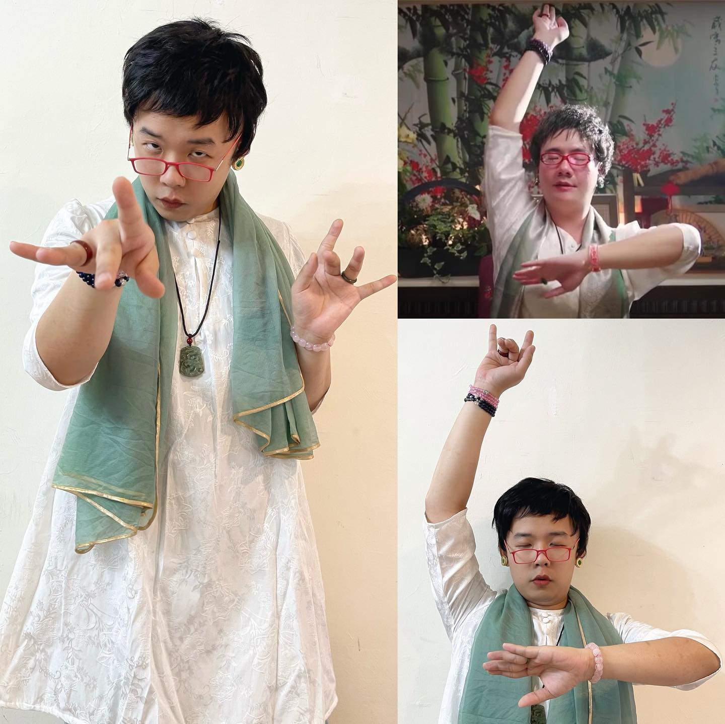 網紅阿翰的算命阿姨(右上)角色大紅,吸引許多客人搶扮裝,李嘉泉(左)特製該角服裝,連圍巾、鏡框等細節都要求一樣。(李嘉泉提供)