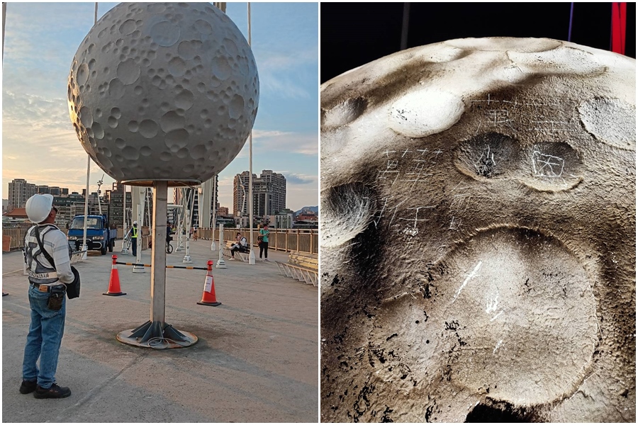 新月橋上的「月亮」因民眾缺乏公德心刻字破壞，日前高灘處已吊離請廠商重新修補。（新北高灘處提供）