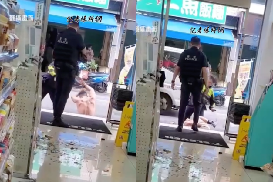 員警持警棍痛毆時，朱男已無反抗，畫面曝光後引發網友質疑。（翻攝自記者爆料網）