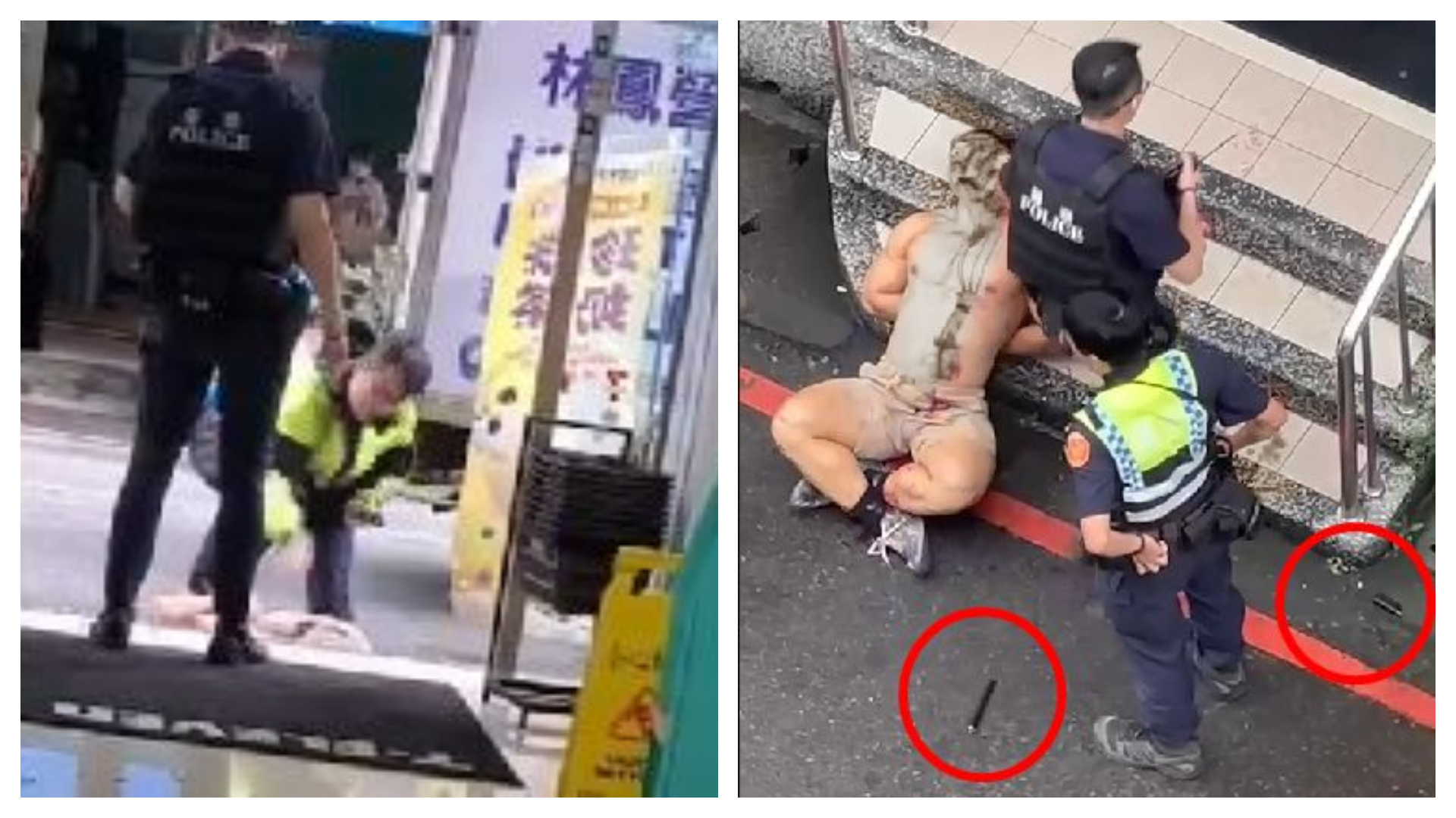 朱男被制伏後遭警方暴走痛毆，曝光的影片可見朱男頭破血流。（翻攝自記者爆料網）