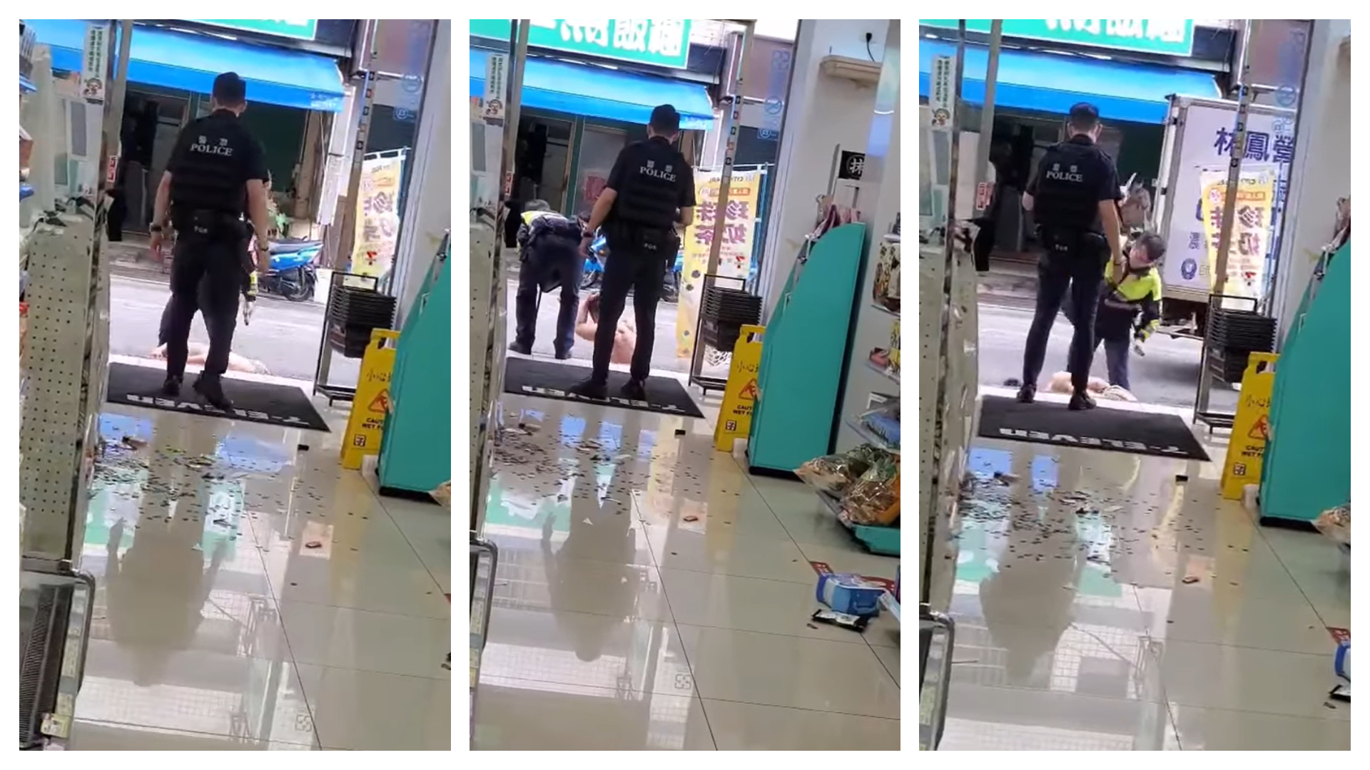 從網友曝光的影片可見，警方朝坐著的朱男上半身連續擊打多下。（翻攝自臉書@呂秋遠）