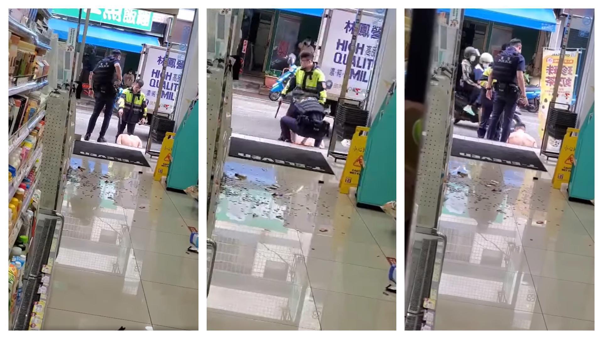 從曝光的影片可見，警方確定朱男抱頭哀號、完全無反擊後，才將他上銬。（翻攝自臉書@呂秋遠）