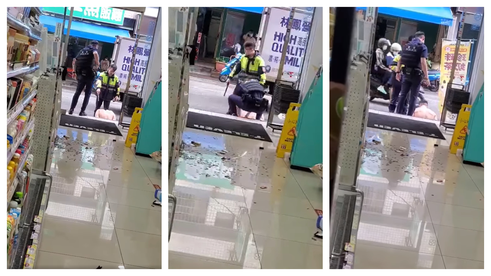 從曝光的影片可見，警方確定朱男抱頭哀號、完全無反擊後，才將他上銬。（翻攝自臉書@呂秋遠）