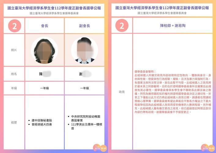 台大經濟系學生會選舉政見竟然提出「ㄐㄐ小上家政」、「A罩杯修國防」挨轟歧視。（翻攝國立臺灣大學經濟學系學生會）