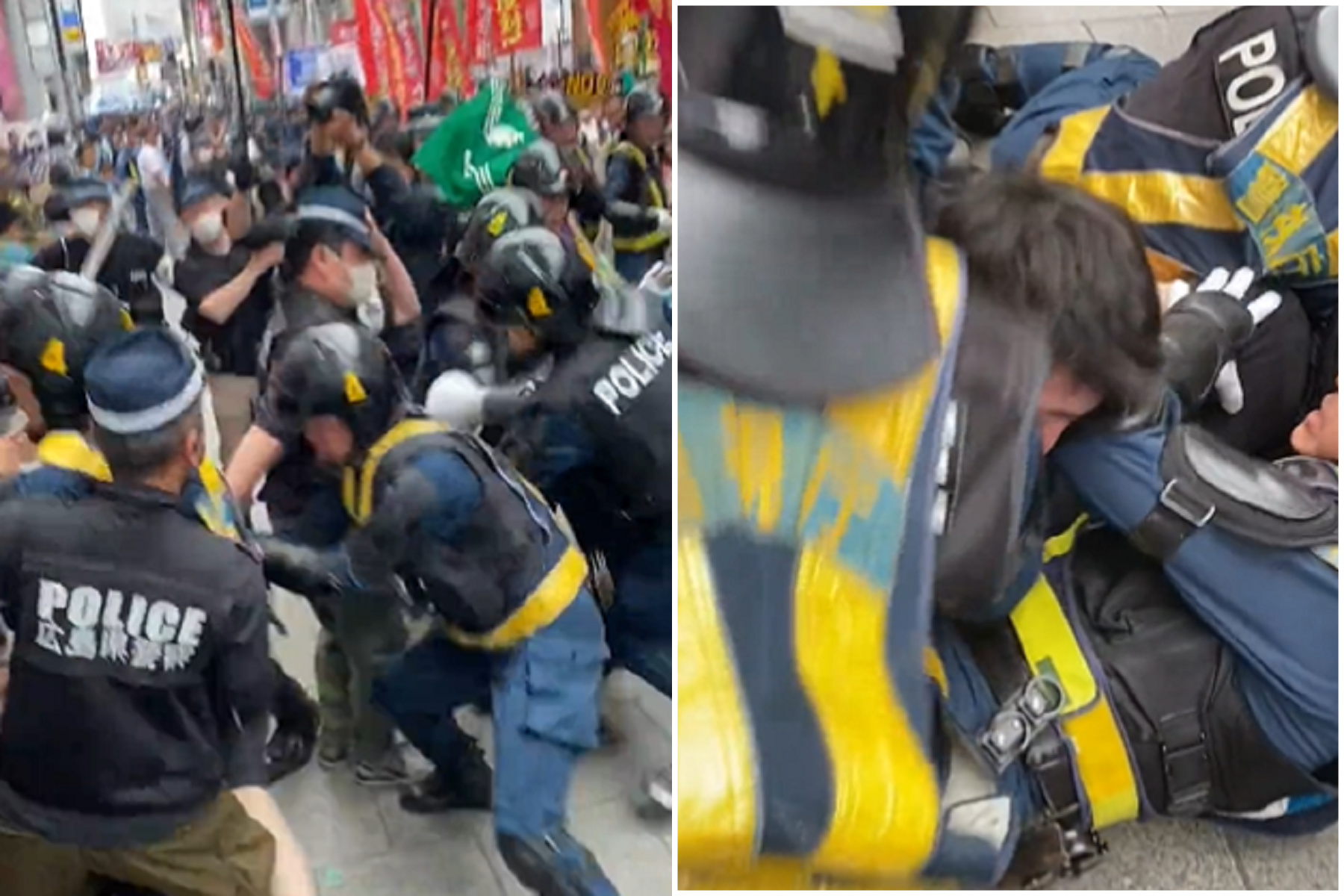 廣島G7爆警民衝突！極左團體示威訴求「要和平不要戰爭」，警強勢壓制激進民眾。（翻自推特）