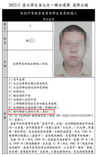 台大性別平等教育委員會學生委員法律系陳姓候選人在經歷欄位列出「跟阿嬤發生過性行為」的經驗。(翻攝《Dcard》)