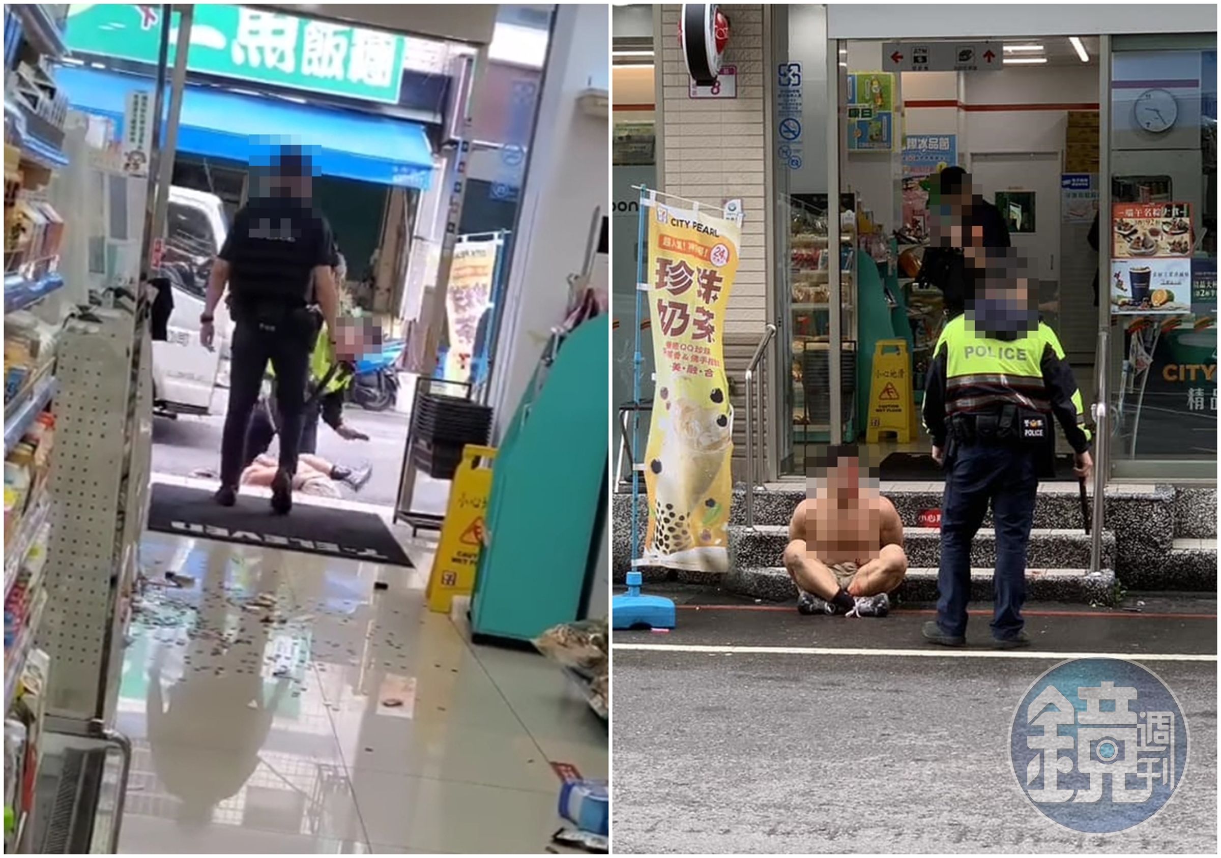 朱姓男健身教練大鬧超商，被噴辣椒水壓制坐倒門外，卻遭員警以警棍暴打。（翻攝自臉書）
