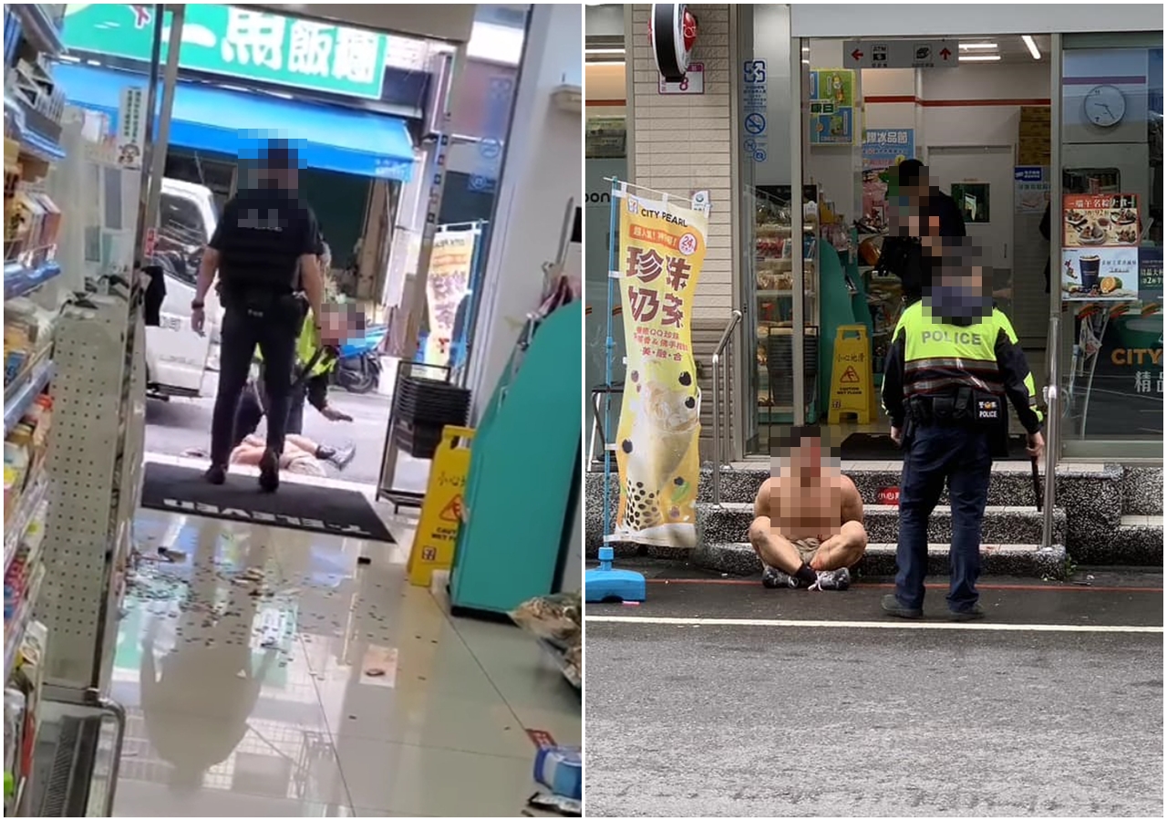 朱姓男健身教練大鬧超商，被噴辣椒水壓制坐倒門外，卻遭員警以警棍暴打。（翻攝自臉書）