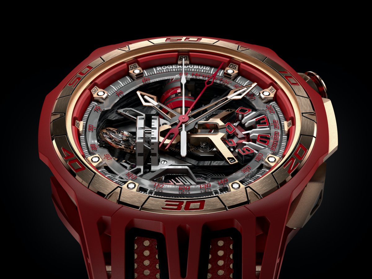 ROGER DUBUIS Monovortex™ Split-Seconds Chronograph 以獨家開發的「渦輪轉子」圓柱自動陀、「錐形」陀飛輪以及「120度計時分鐘指示」結構,呈現雙導柱輪追針計時碼錶這個傳統複雜功能,使更為進化創新。同時還採用MCF礦物複合纖維材質製作獨特外觀。概念錶,全球僅一只。