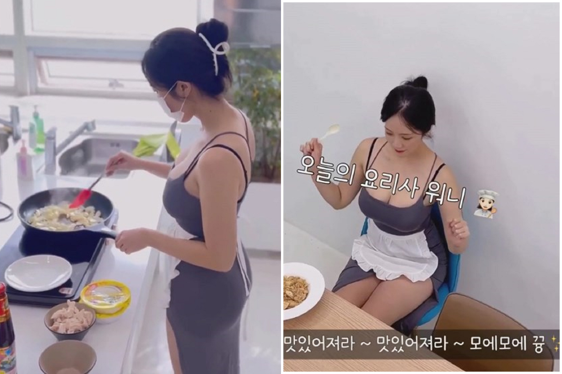 正妹做雞胸肉炒飯，網友全歪樓！只見她在廚房料理「人胸搖搖奶」。（翻自etoland.co.kr）