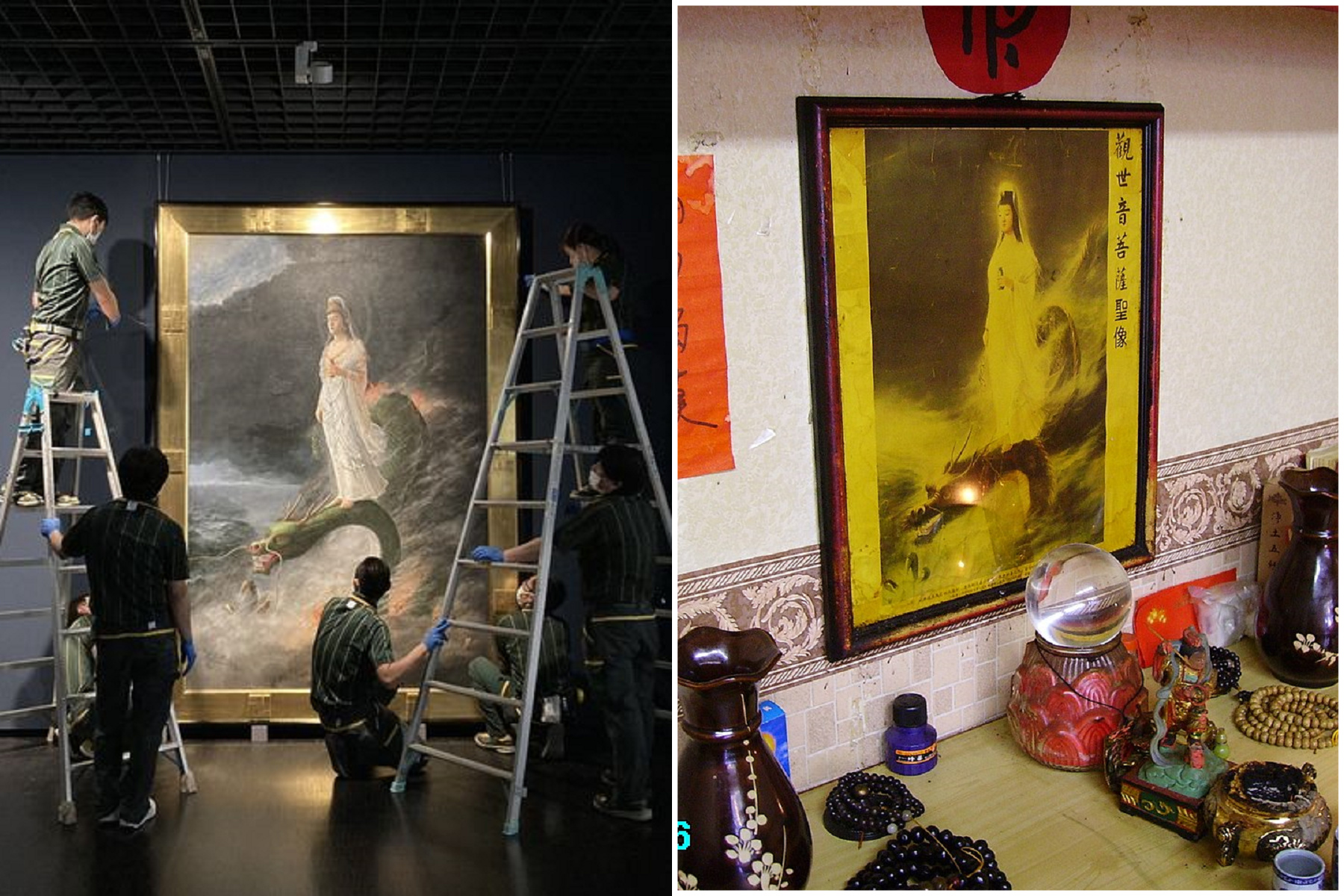 觀音真的顯靈啦！這張神像(右)被台灣人拜了60年，原作《騎龍觀音》(左)將在東京美術館展出。（翻自臉書+《維基百科》）