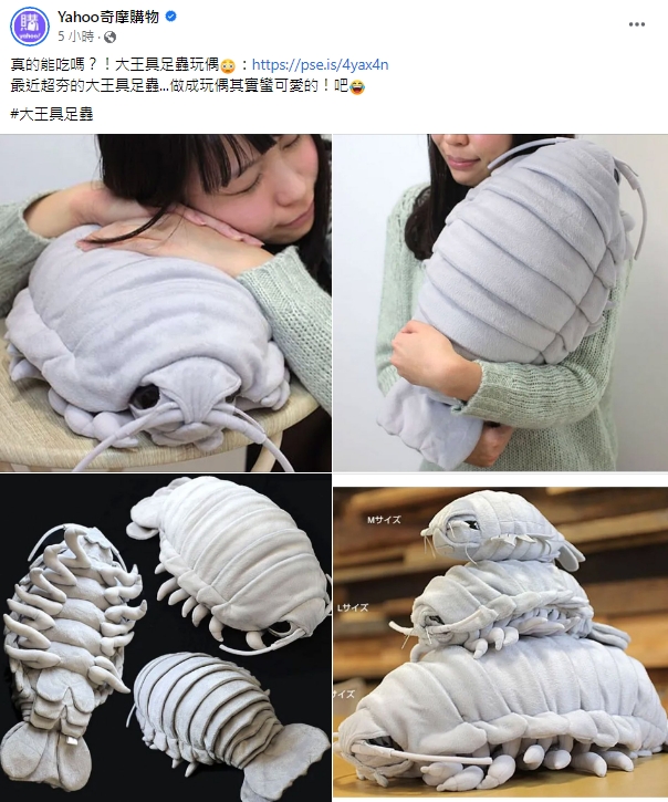 購物網站跟上時事，分享大王具足蟲玩偶的商品。（翻攝自Yahoo奇摩購物臉書）