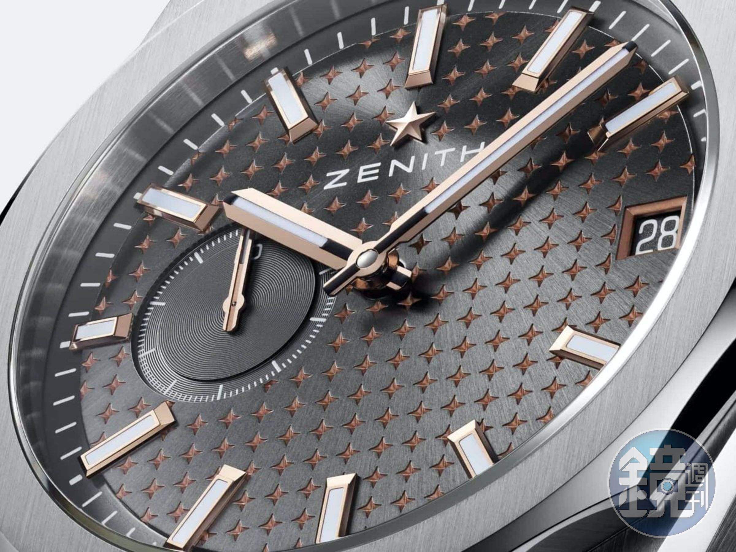 ZENITH Defy Skyline專賣店限定的「碳灰色」面盤，非常具有光影投射的層次效果。其「四角星」內層鍍上玫瑰金色澤，顏色比表層的碳灰色淡淺，因此在二種顏色的交錯之下，就像從內部有光澤透出的效果。定價約NT$299,400，於台中「天文時創」ZENITH專賣店獨賣。