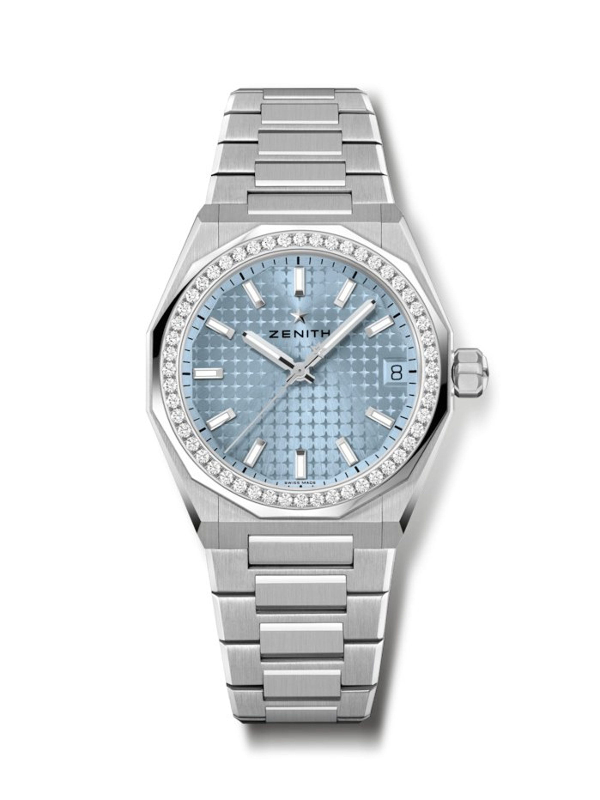 ZENITH Defy Skyline Diamond 36mm「冰藍面」專賣店限定款，採用金屬冰藍色旭日紋面盤，「四角星」幾何圖騰在光線照射下閃閃發光。定價約NT$400,400，於台中「天文時創」ZENITH專賣店獨賣。