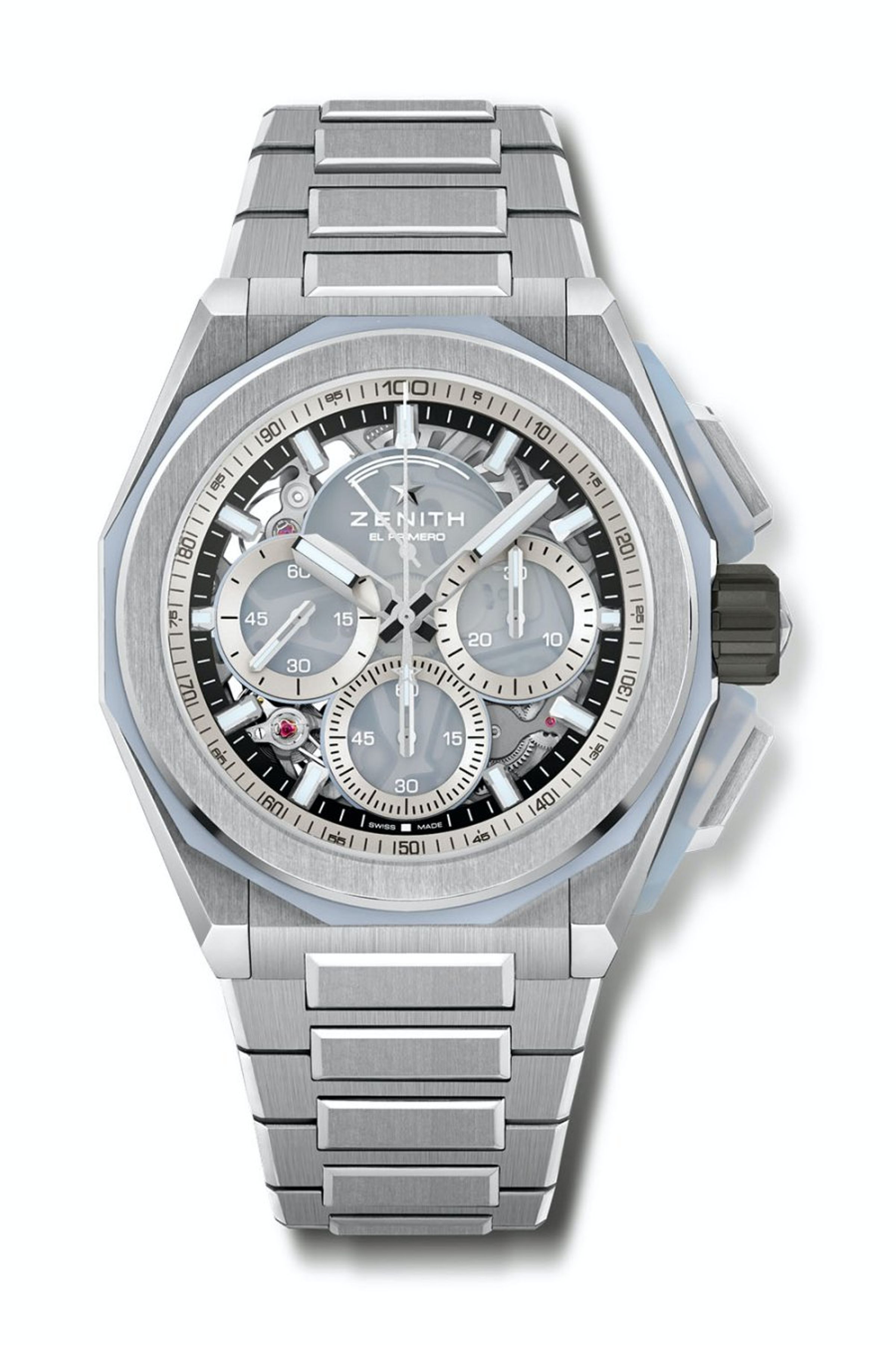 ZENITH Defy Extreme Glacier「冰川限量版」，把錶面上的計時小錶盤、錶殼上的12邊形錶圈環，以及錶殼側邊的計時按把護肩，都換成淡藍色的「玉髓」礦石材質，使擁有獨一無二的外觀。定價約NT$871,400，於台中「天文時創」ZENITH專賣店獨賣。