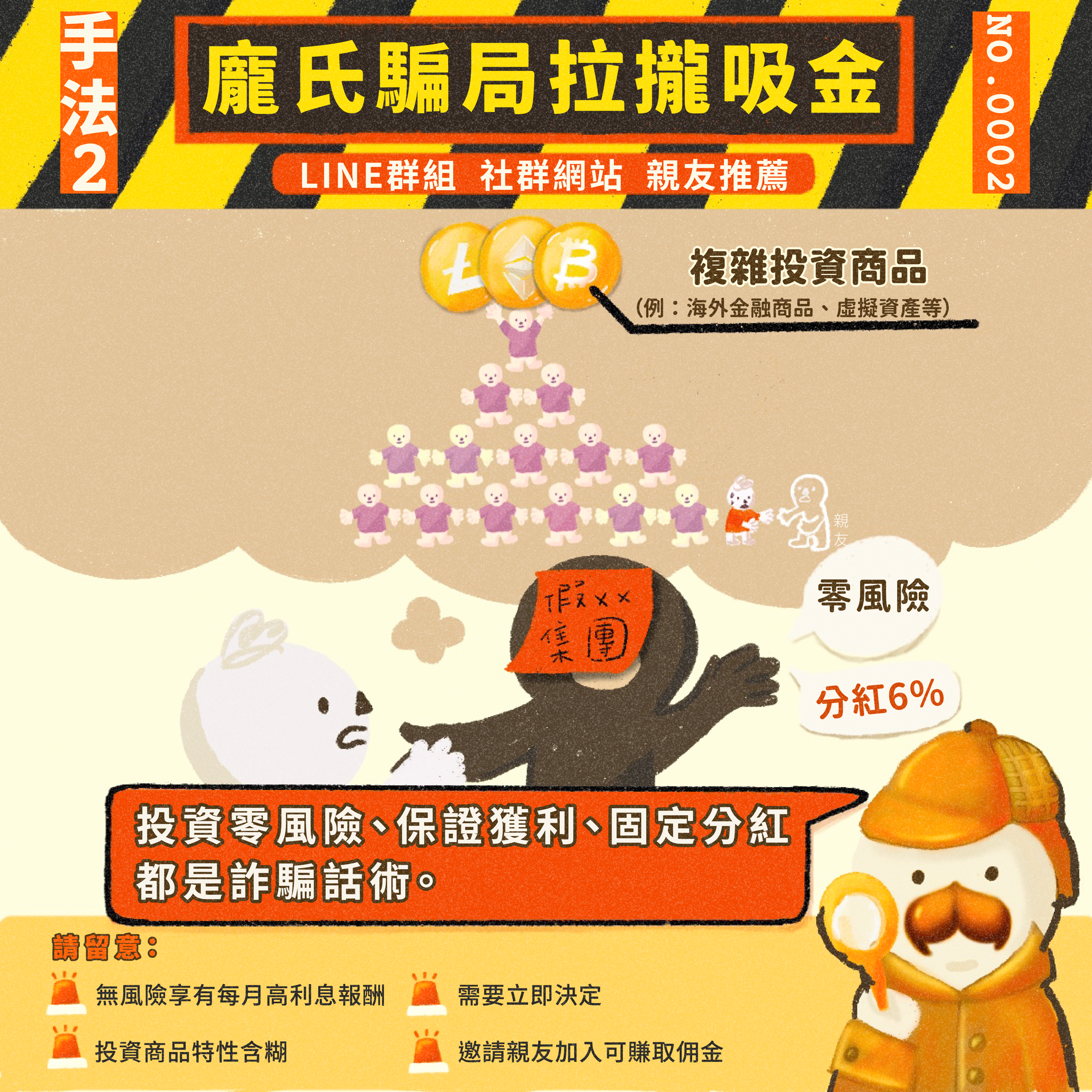 常見詐騙手法二:資金盤龐式騙局,以高利息報酬誘騙受害人投資,初期給予獲利甜頭,最後一舉收割便不見蹤影。