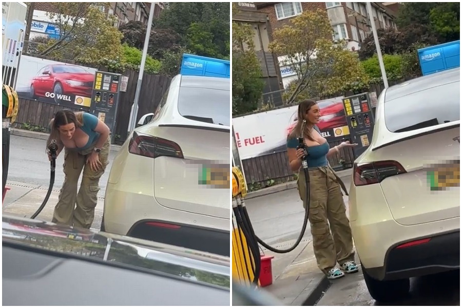 英國一名情色網美日前開特斯拉到加油站準備加油，影片曝光後引來網友嘲諷。（翻攝自推特）