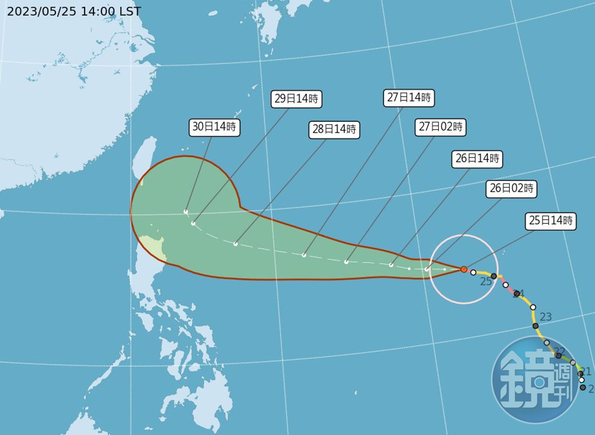 今年第二號颱風「瑪娃」下午最新路徑及侵襲機率預測曝光。（翻攝自氣象局）  