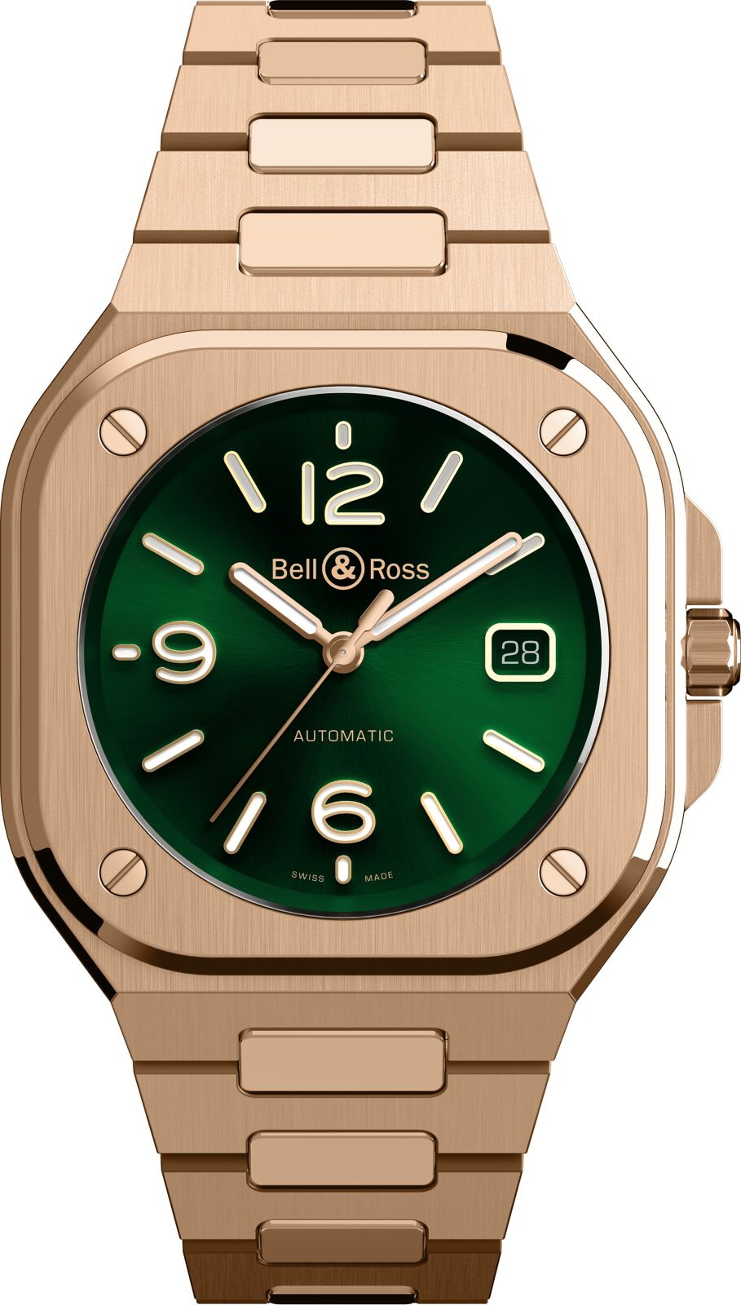 BELL & ROSS 全新BR 05 Green Gold以18K玫瑰金材質配上深綠色錶盤，設計非常亮眼而且大膽。另有鱷魚皮錶帶版本可供選擇。定價約NT$1,132,000（K金鍊帶版）；NT$754,000（皮帶版）。