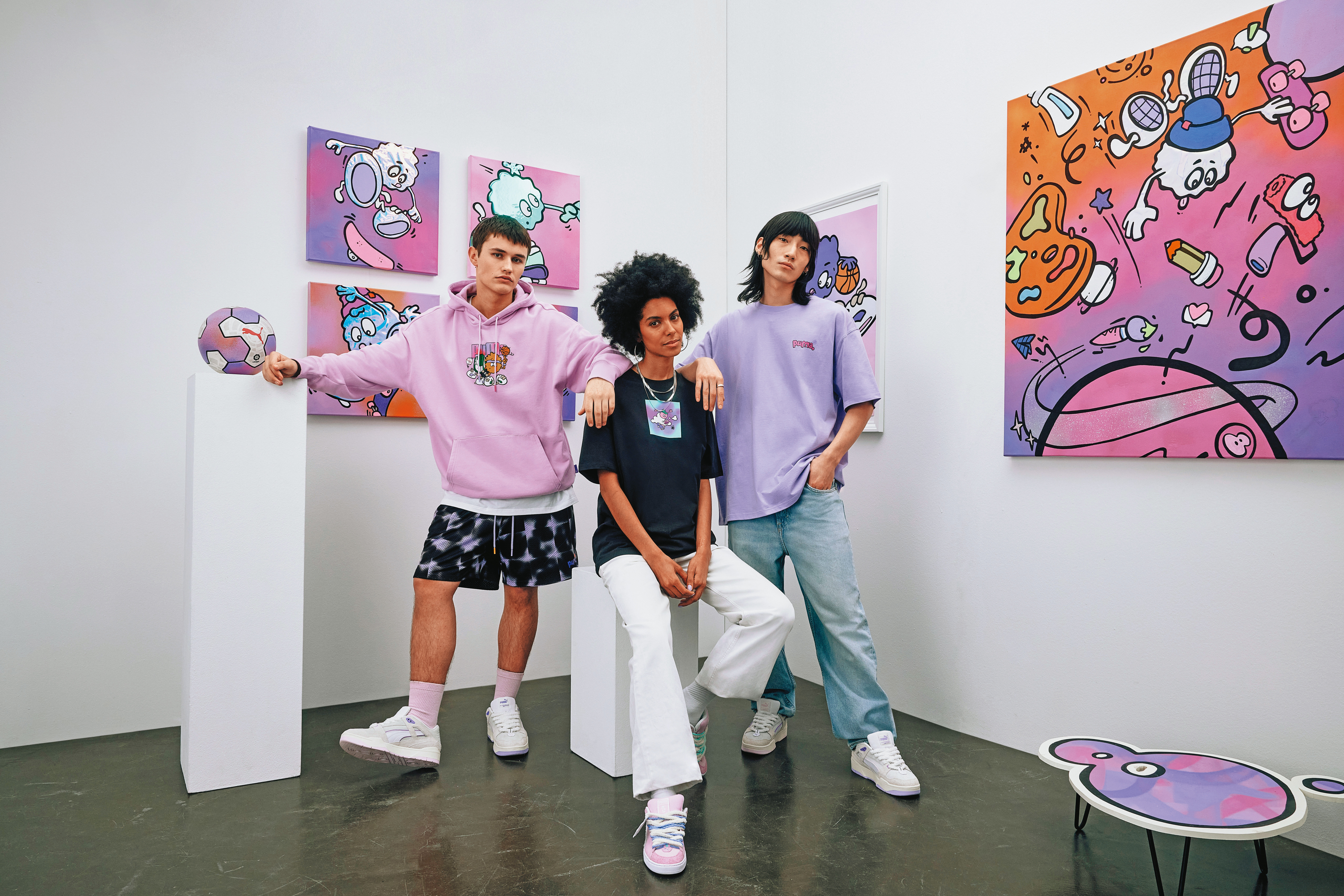 PUMA x 8ENJAMIN聯名系列，以 Fluz毛絨主題為滑板文化增添俏皮不羈的街頭態度。（PUMA提供）