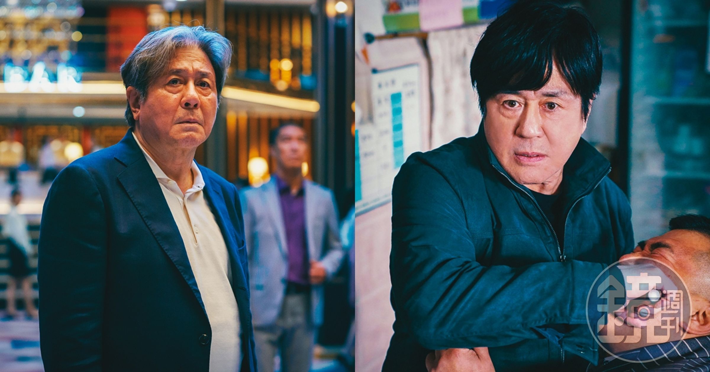 崔岷植主演韓劇《地下菁英》,從30多歲(右圖)演到老(左圖),特效團隊利用AI回春技術,後製調整出符合年齡的外型和聲音。(Disney+提供)