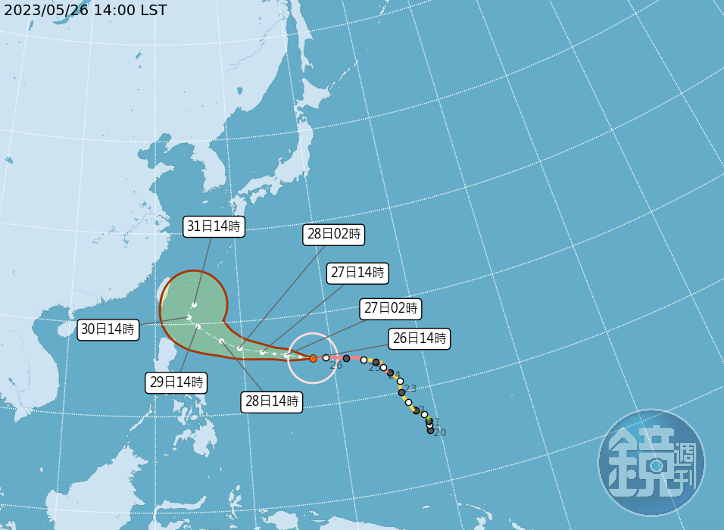 超強颱風「瑪娃」預測路徑圖曝光，氣象局表示，預計最快下週一發布海上警報。（翻攝自中央氣象局網站）