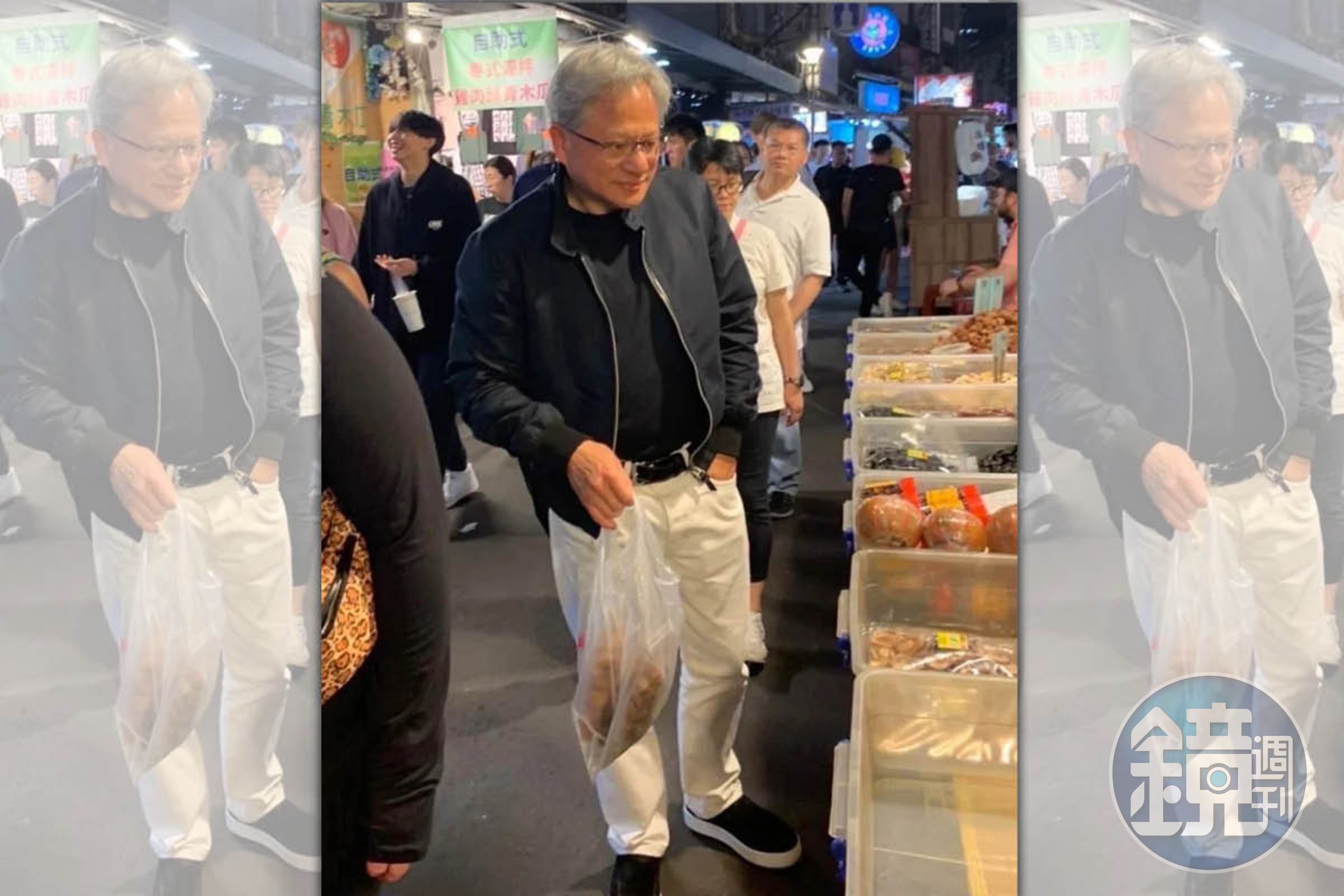 黃仁勳逛饒河夜市買麻花捲,網友們熱烈討論。(翻攝自IEObserve 國際經濟觀察臉書)