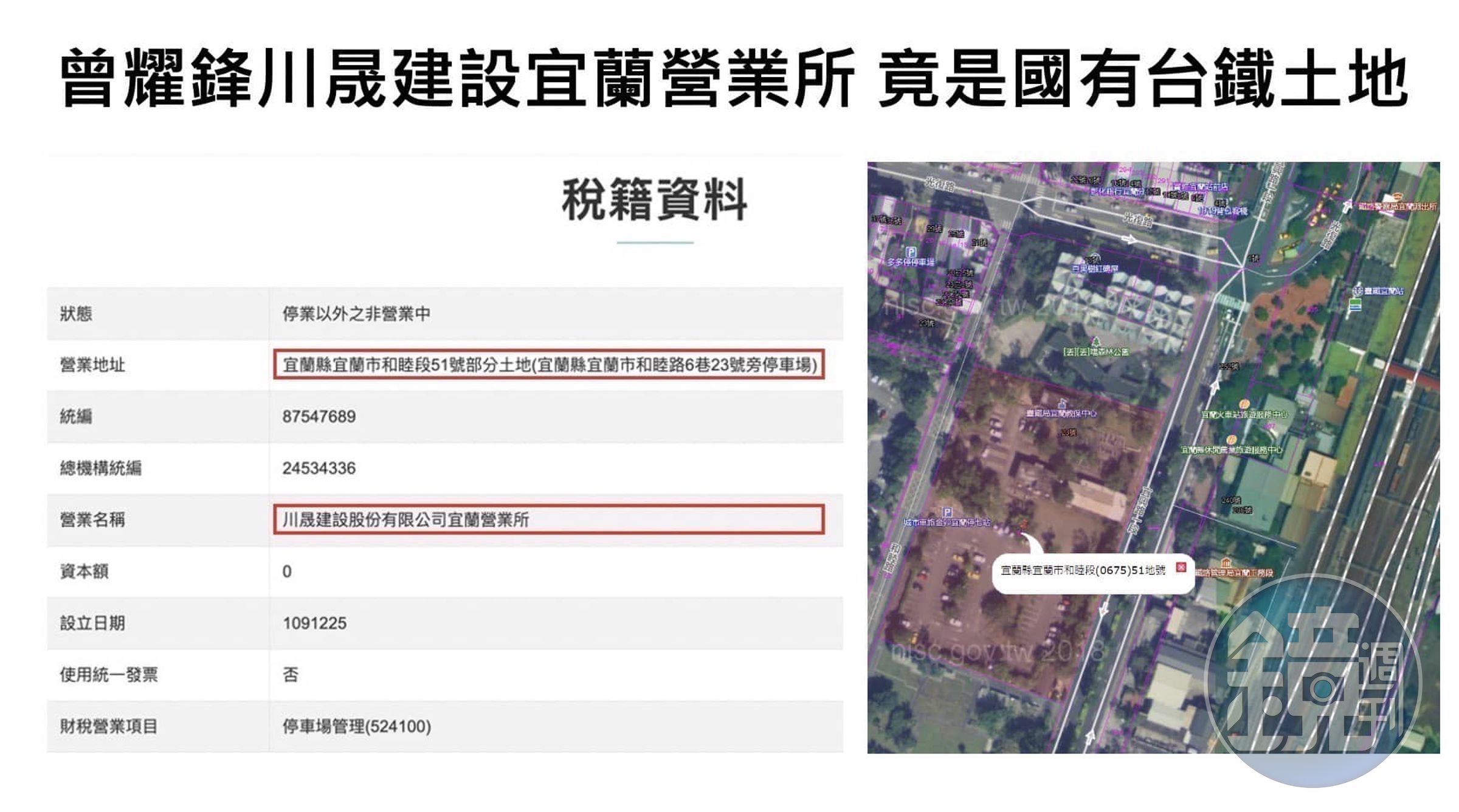 立委陳琬惠揭露im.B吸金案主嫌曾國緯的川晟集團宜蘭營業所，從2020年底開始就設在宜蘭車站對面的台鐵土地上。（翻攝自立法委員陳琬惠臉書）