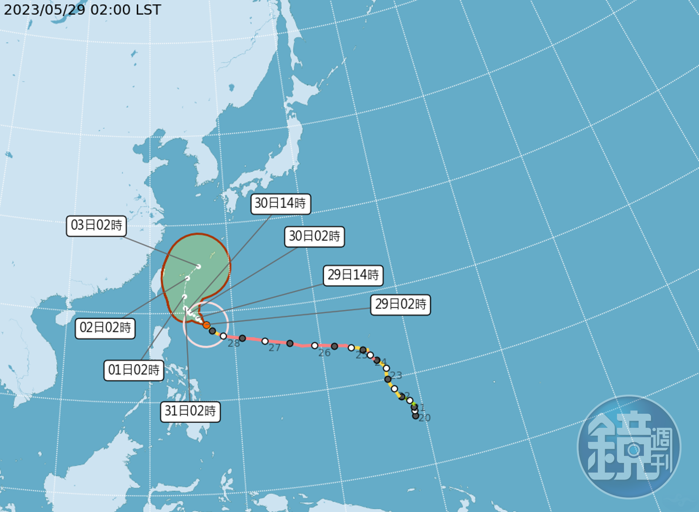 今早2時瑪娃颱風中心位置在北緯 18.6 度,東經 126.7 度,以每小時13公里速度,向西北進行。中心氣壓940百帕,近中心最大風速每秒45公尺,瞬間最大陣風每秒 55 公尺,七級風暴風半徑 280 公里,十級風暴風半徑 90 公里。(中央氣象局提供)