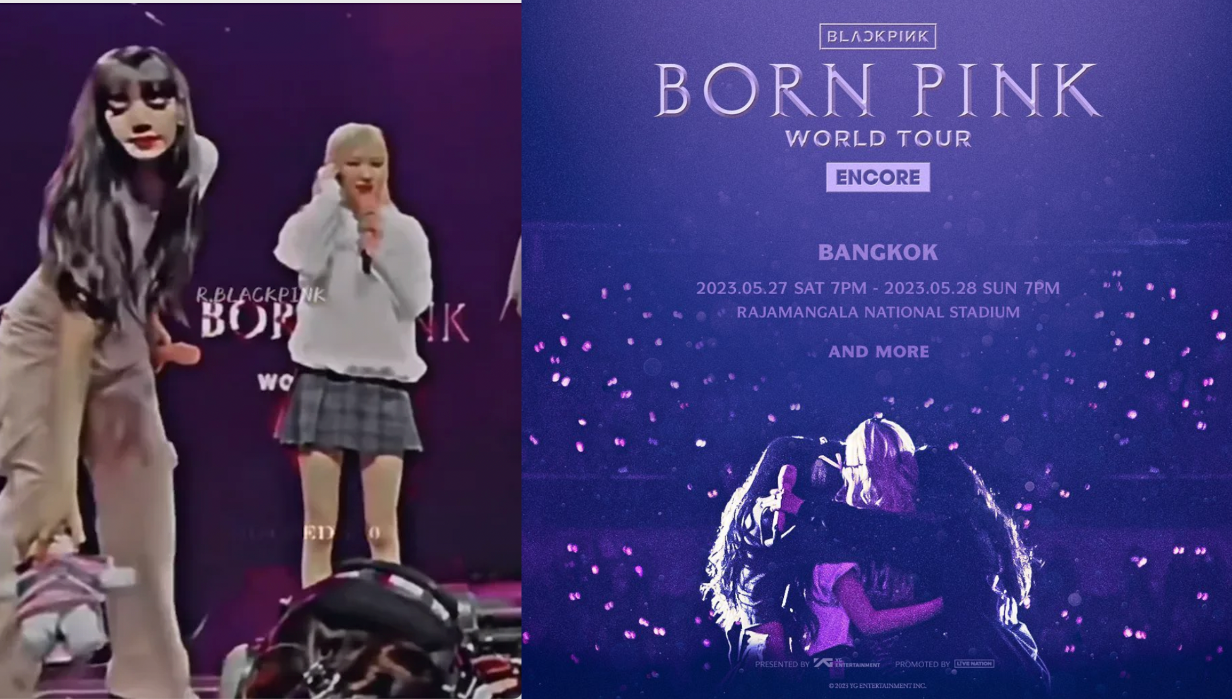 Blackpink上週末在曼谷舉辦兩場安可場，竟有粉絲丟上疑似有攝影機的小熊到台上。（翻攝自微博、Blackpink IG）