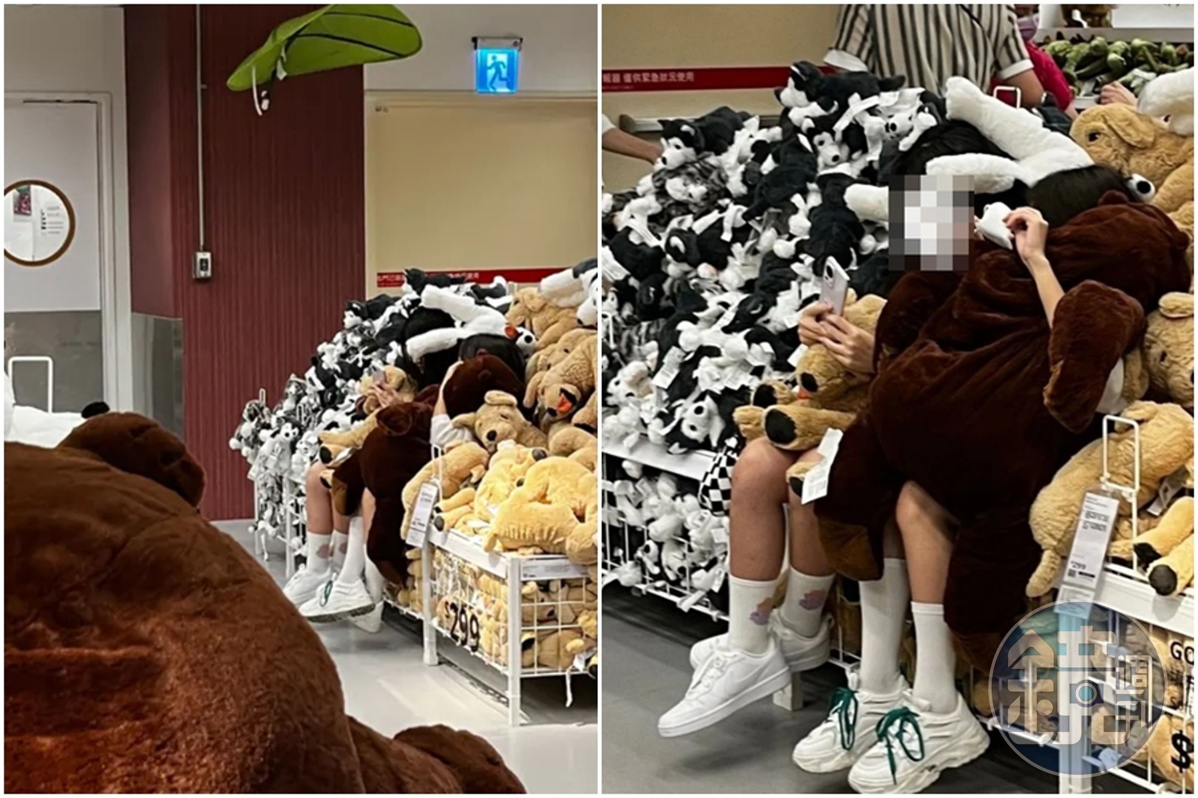 網友在IKEA賣場目擊2名學生妹躺進娃娃堆裡,並拿出手機瘋狂自拍。(翻攝Dcard)